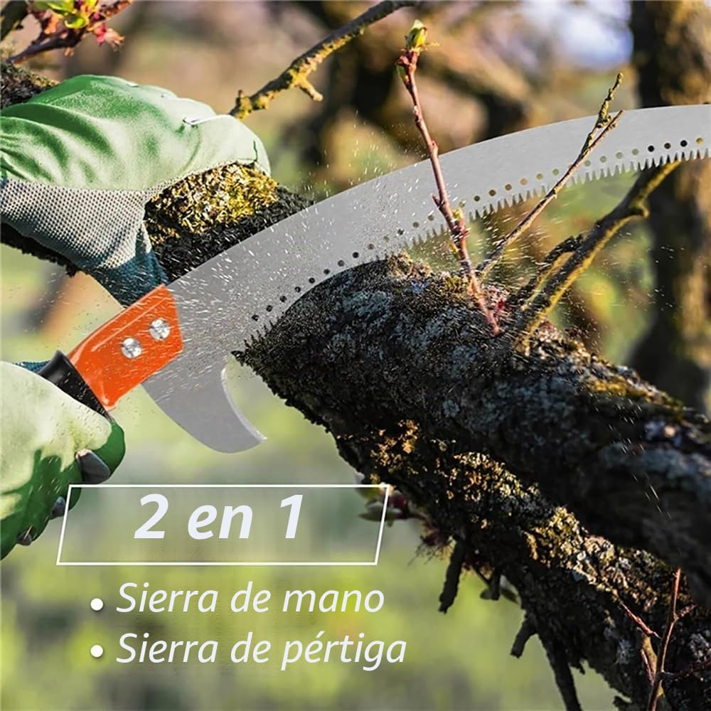 Pertiga Telescopica Podar,Sierra Podar,Pertiga Podar,Altura regulable de 8 m,1 sierra para 2 usos,con maletín de transporte y dos hojas de sierra para reparar fácil y cómodamente las ramas altas