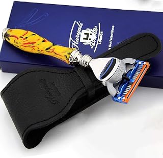 Rasier-Duo - Juego de afeitadora y funda de piel para maquinilla de afeitar, diseño de rayas, color amarillo