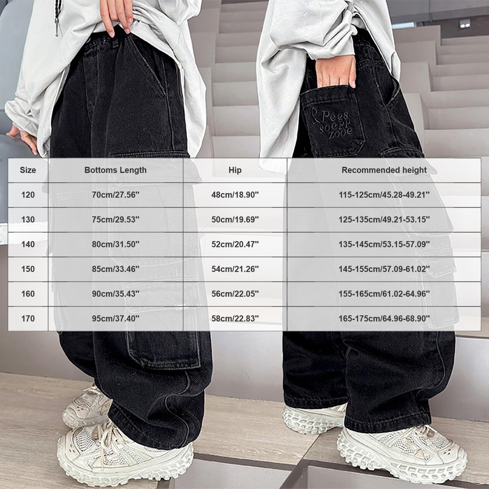 Pantalones Cargo Vaqueros Pierna Ancha para Niños Denim Lavado Desgastado con Bolsillos Grandes Pantalones Holgados Resistentes para Viajes Excursiones Familiares Multifuncional Tallas Completas