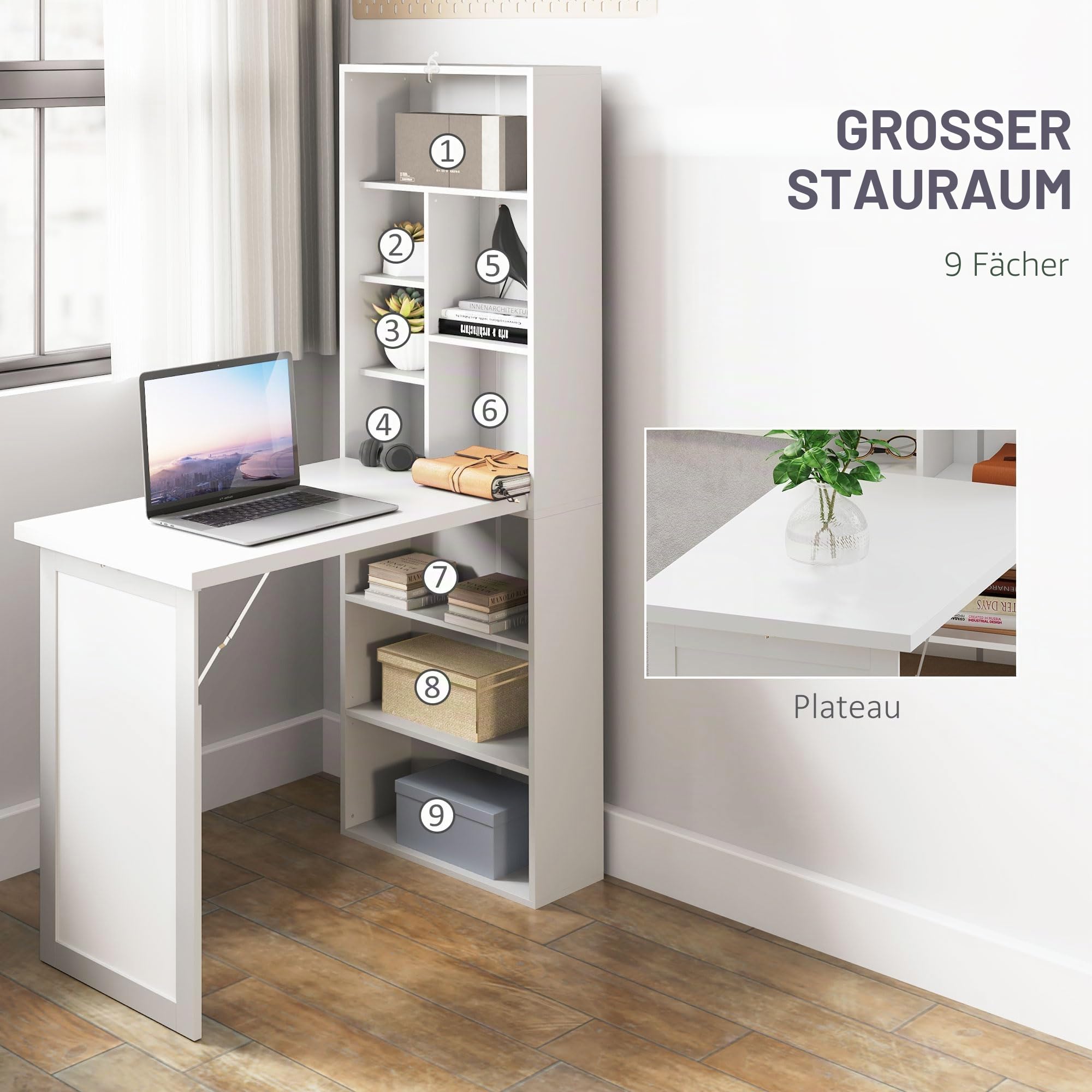 HOMCOM Wandklappschreibtisch mit Whiteboard, Weiß