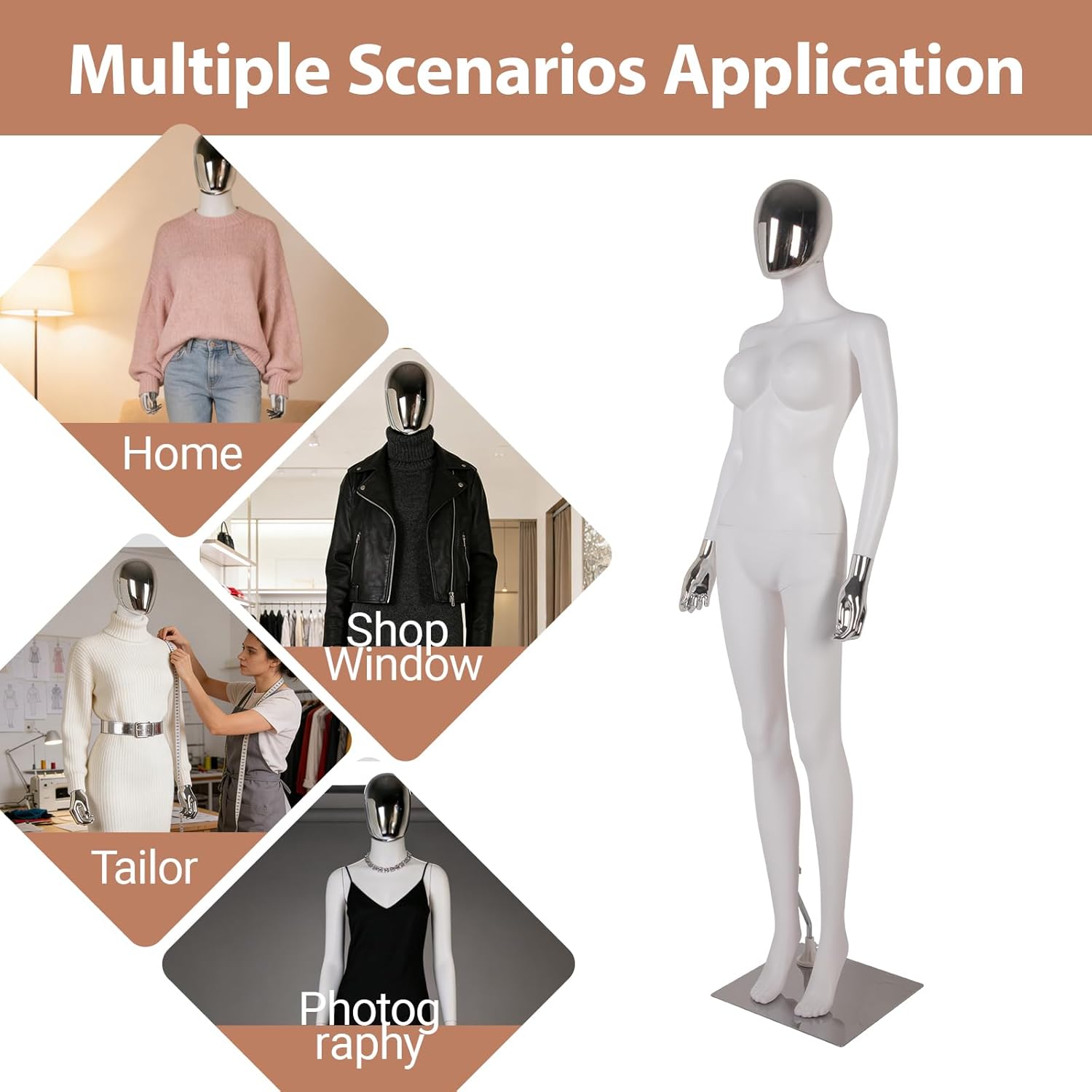 Kinfant Full Body Female Mannequin - White&Silver Elegant Tall Female Mannequin with Stable Metal Base, Manne quin Dress Form Display with Adjustable Head and Arms, Detachable Manikins