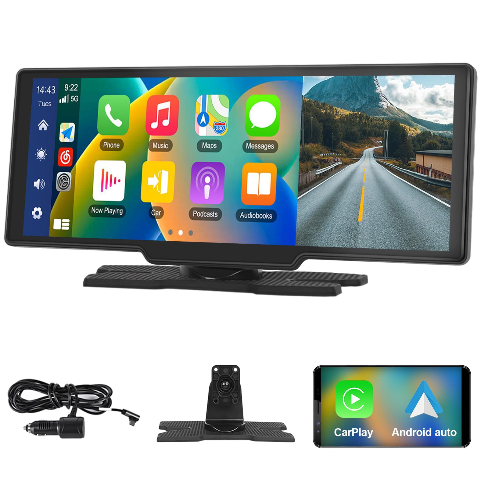 Podofo 10,26 Pollici Portatile Autoradio con Wireless A-pple Carplay & Android Auto Tocuchscreen,7-32V Monitor con A-pple Airplay/Assistente Vocale/Bluetooth/Trasmettitore FM/AUX/TF Card