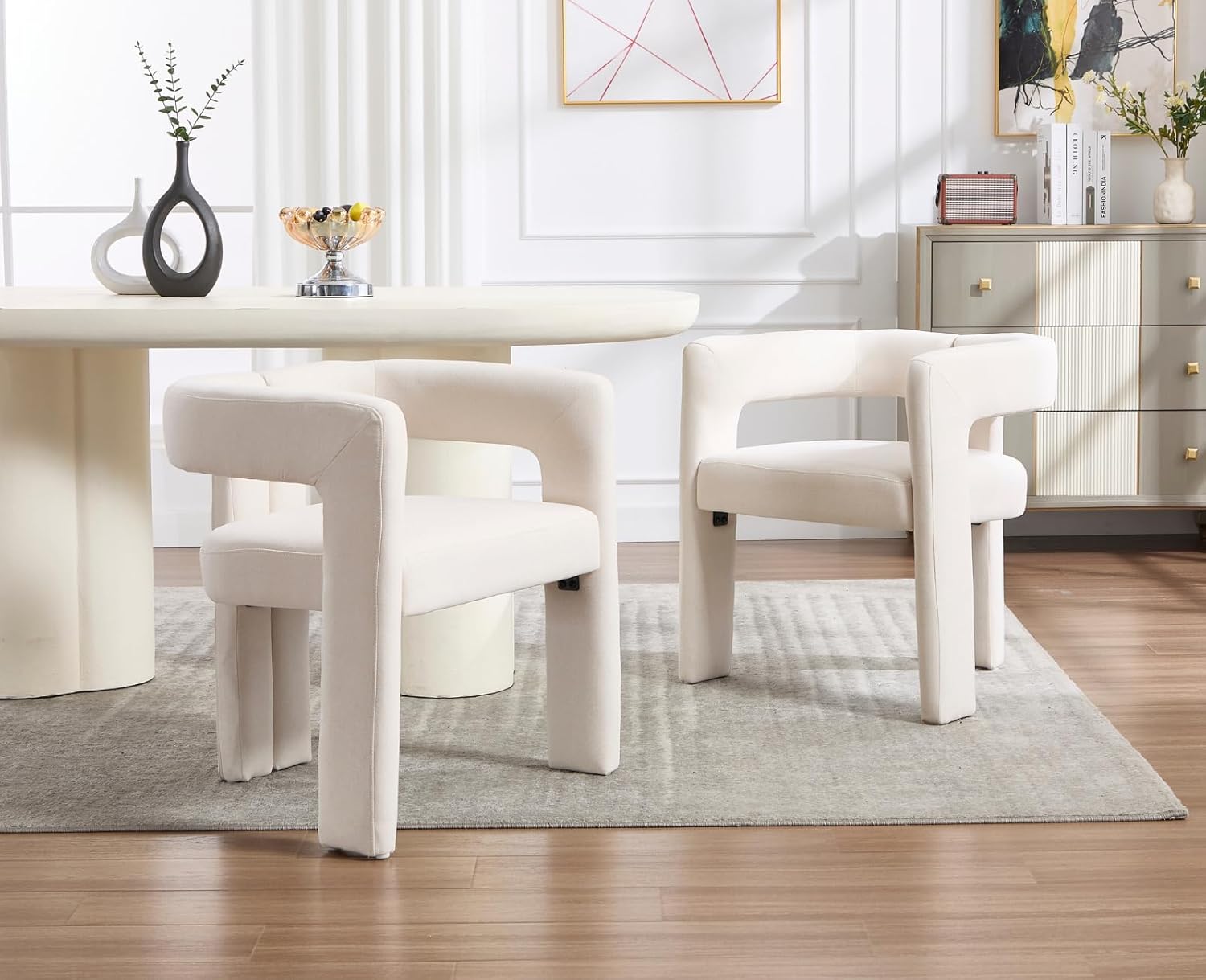 EALSON Modern Barrel Dining Chairs Set of 2 Linen Upholstered Fabric Kitchen Chairs with Open Back and Arms Comfortable Accent Chairs Side Chairs for Dining Room/Living Room, Beige