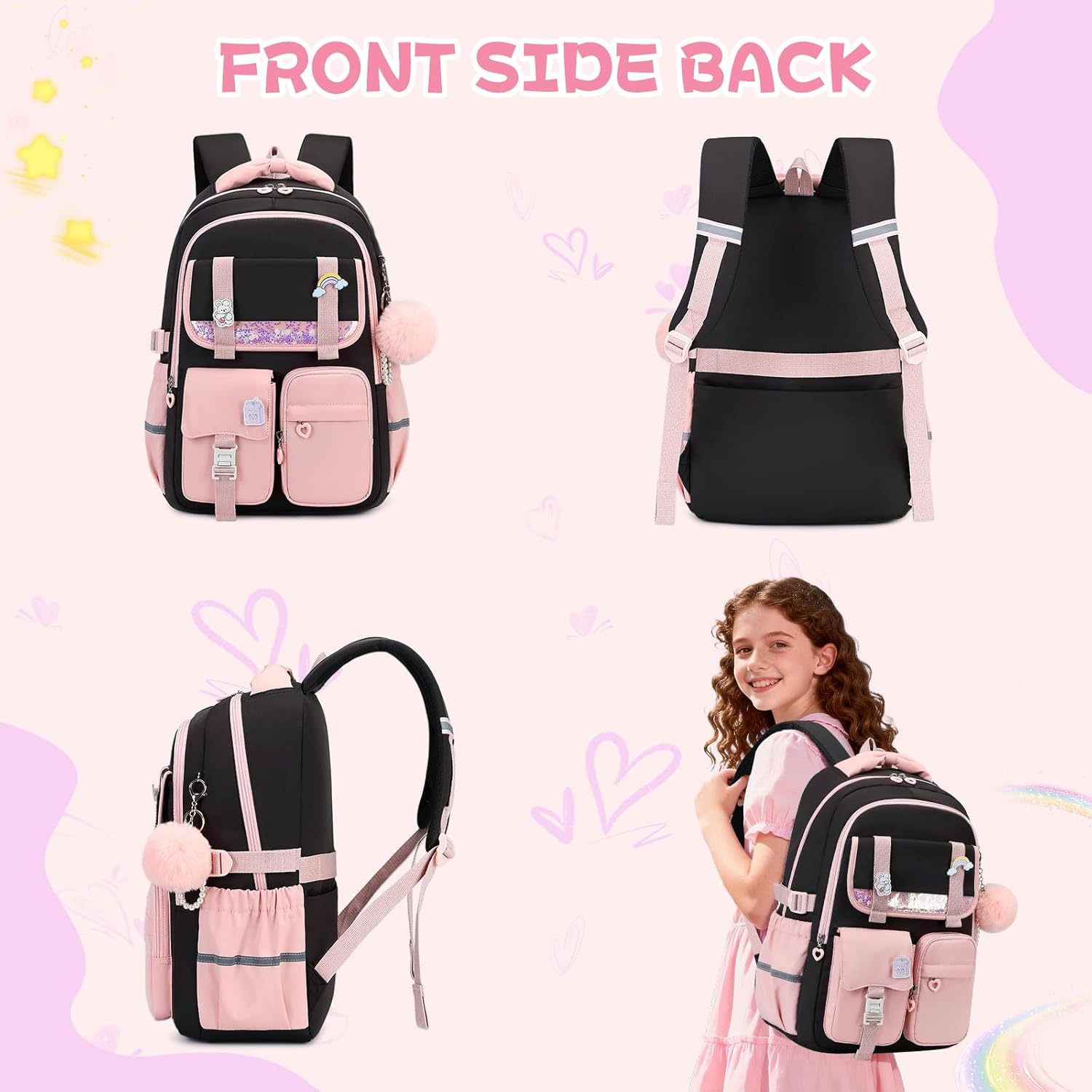 MUSEVOS Girls Backpack, Kids Backpack for Girls, School Bookbag for Teens Age 6-15, Large Capacity Water Resistant Backpack for Elementary to High School, Cute Travel Daypack, Black Pink
