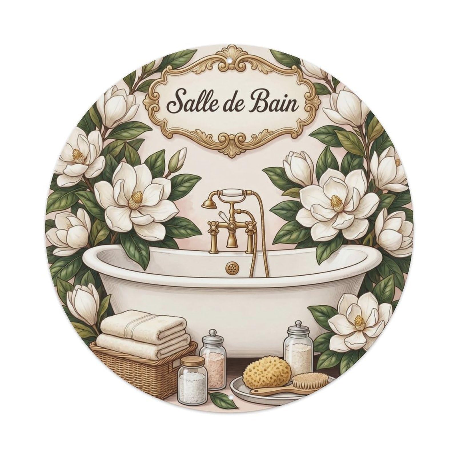 Yrnq Vintage Style Bathroom Magnolia Floral Round Decor Vintage Metal Tin Sign Plaque Wall Decor For Cafe, Club, Garden Round Metal Poster 8X8inch