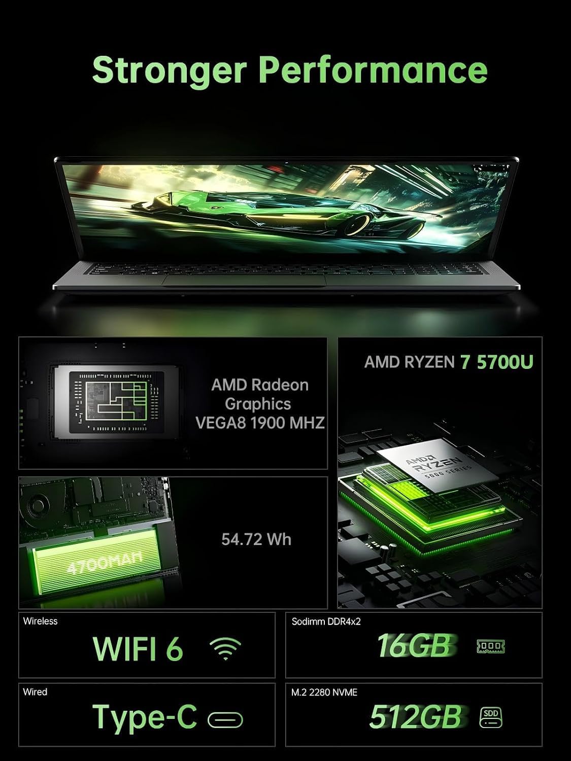 15.6" Ordinateur Portable Gamer ave Ryzen 7 5700U (jusqu'à 4.3GHz)