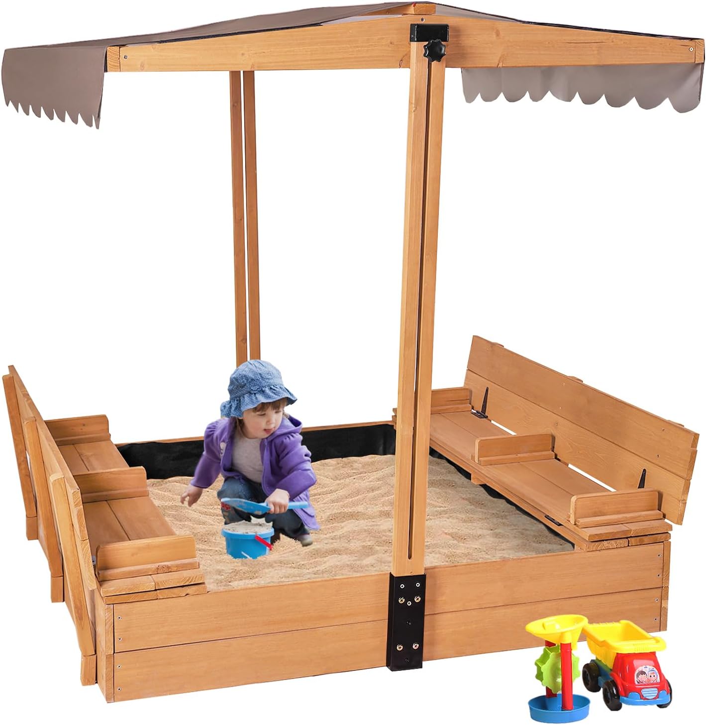Wooden Kids Sandbox with Lid, Sand Box with Cover, Sand Pit with 2 Bench Seats and 3 Toy Bin Storage