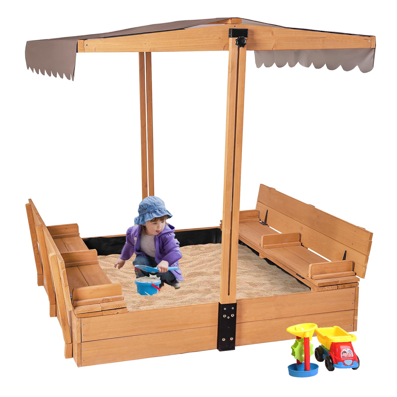 Kinder Sandkasten mit Abdeckung, 120x120x132cm Holz Deckel sandkiste mit aufziehbarer Dach, faltbaren Sitzbänken für draußen