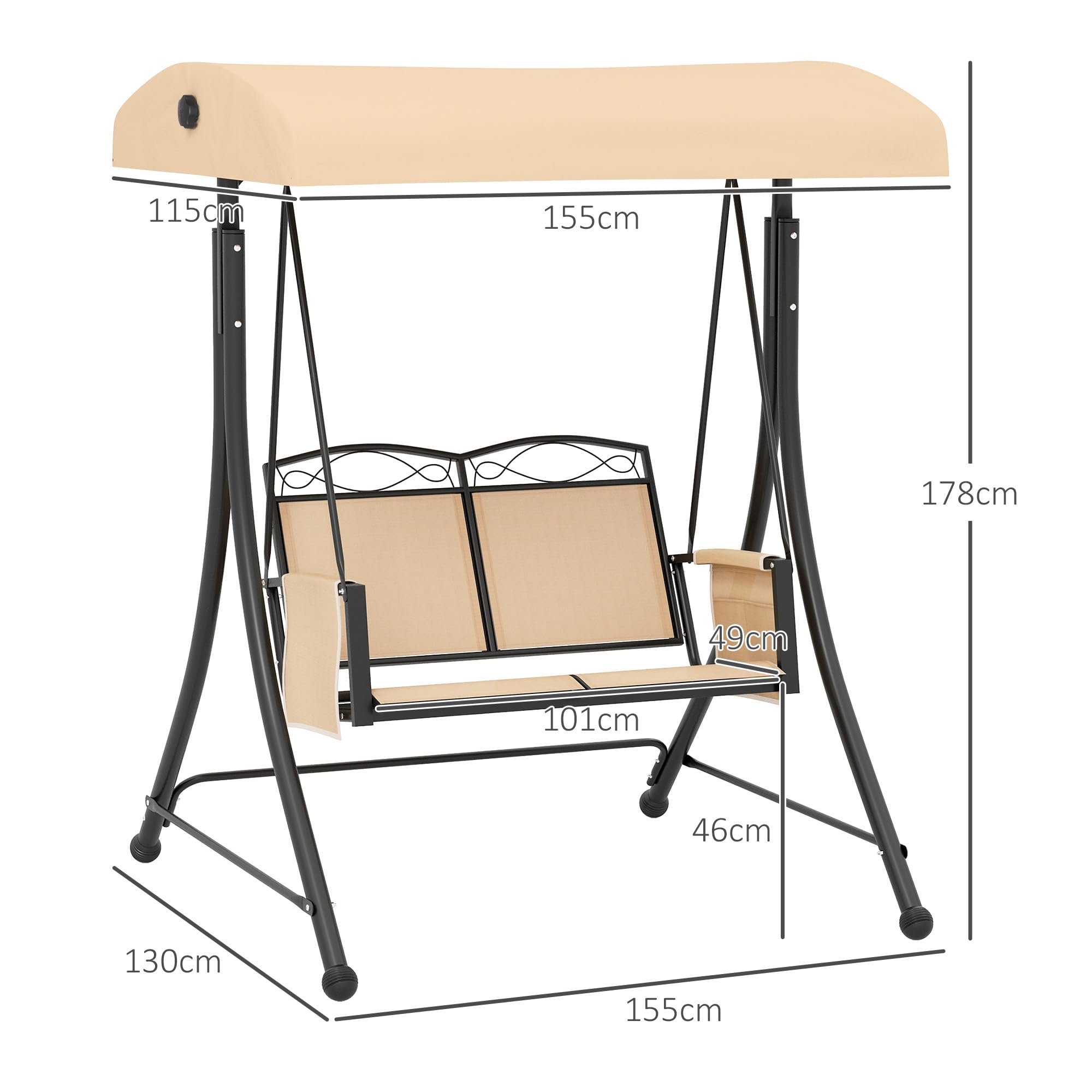 Outsunny Dondolo da Giardino 2 Posti con Tettuccio Parasole Regolabile, Dondolo con Tasche Laterali, Acciaio e Tessuto a Rete, Beige