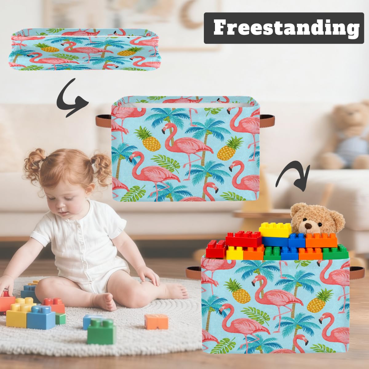 Rechteckiger Aufbewahrungskorb mit tropischem Flamingo, Ananas, Palme, mit Ledergriffen, faltbarer Stoff-Aufbewahrungskorb für Schrank, Badezimmer, Wohnzimmer, Büro, Spielzeug, Organizer