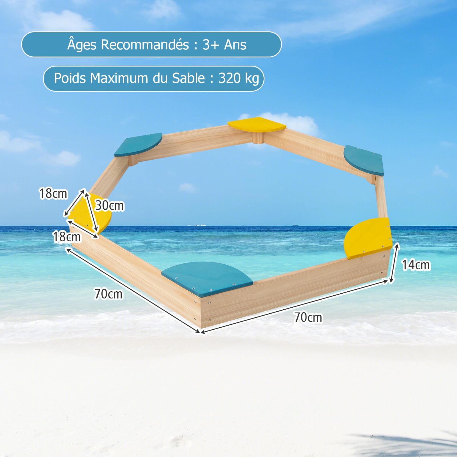 DREAMADE Bac à Sable en Bois, Boîte à Sable Enfants avec Sièges, Bac à Sable Extérieur pour Jardin, Plage, Pelouse (Hexagone Jaune)