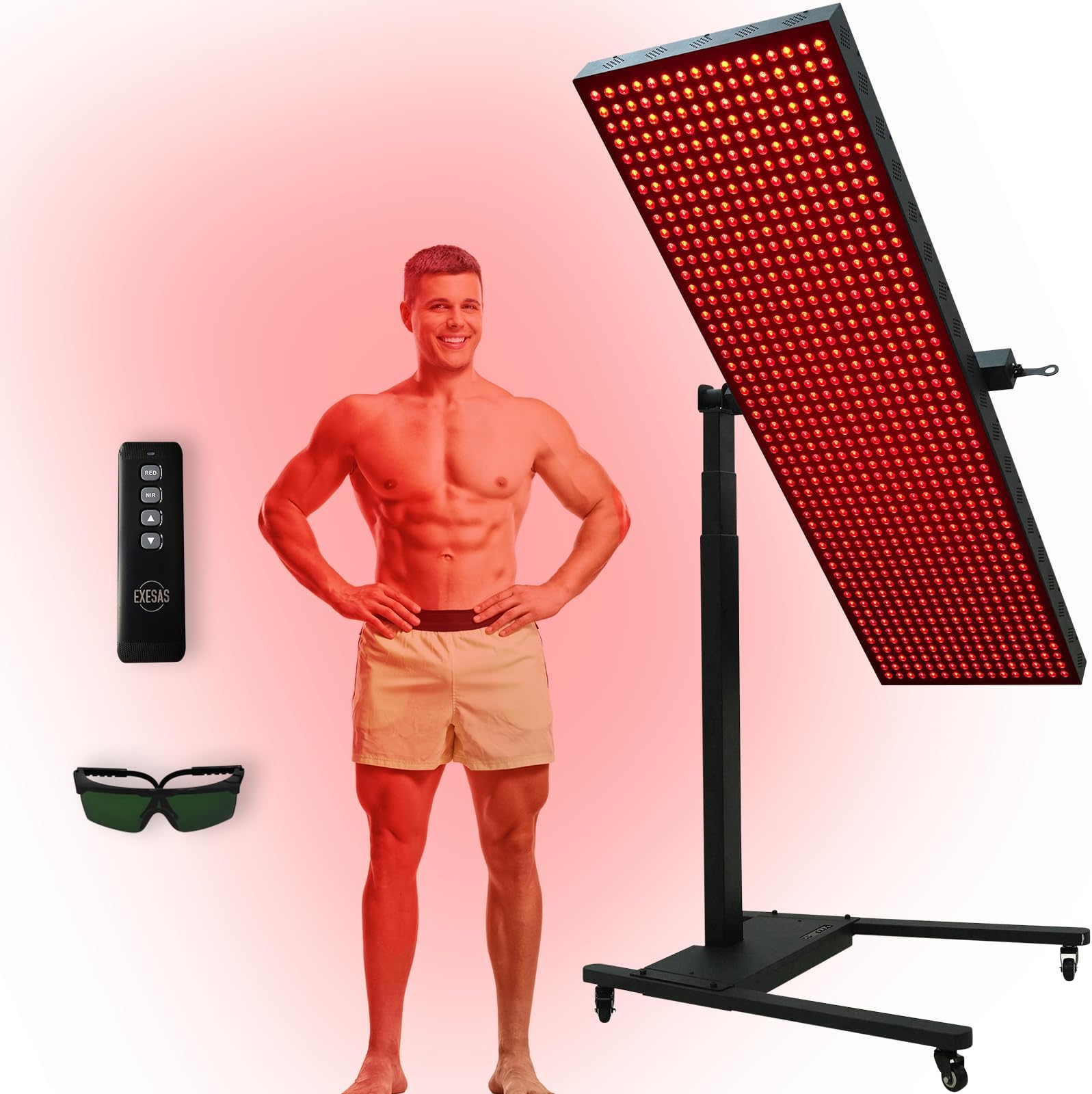 EXESAS Red & Infrared Light Therapy Device with Automatic 360ยฐ Rotating Horizontal/Vertical Stand, 800LED Dual-Chip, 6 Wavelengths, Full-Body Panel for Overall Wellness