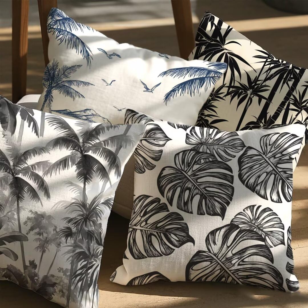 Housse de coussin 55x55cm lot de 4 imperméable en lin blanc et noir pour canapé