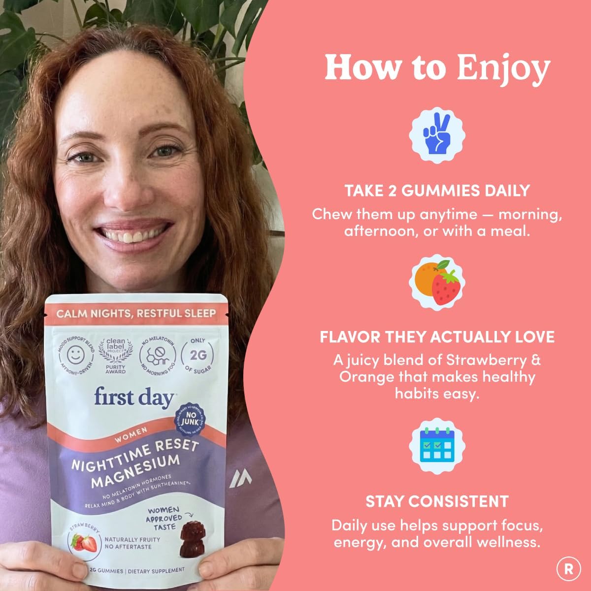 First Day Women’s Nighttime Reset Calming Magnesium Gummies – Sleep Aid Supports Peaceful Rest, Balanced Mood & Energy – Supplement with Magnesium Citrate, L-Theanine & No Melatonin – 30-Day Supply