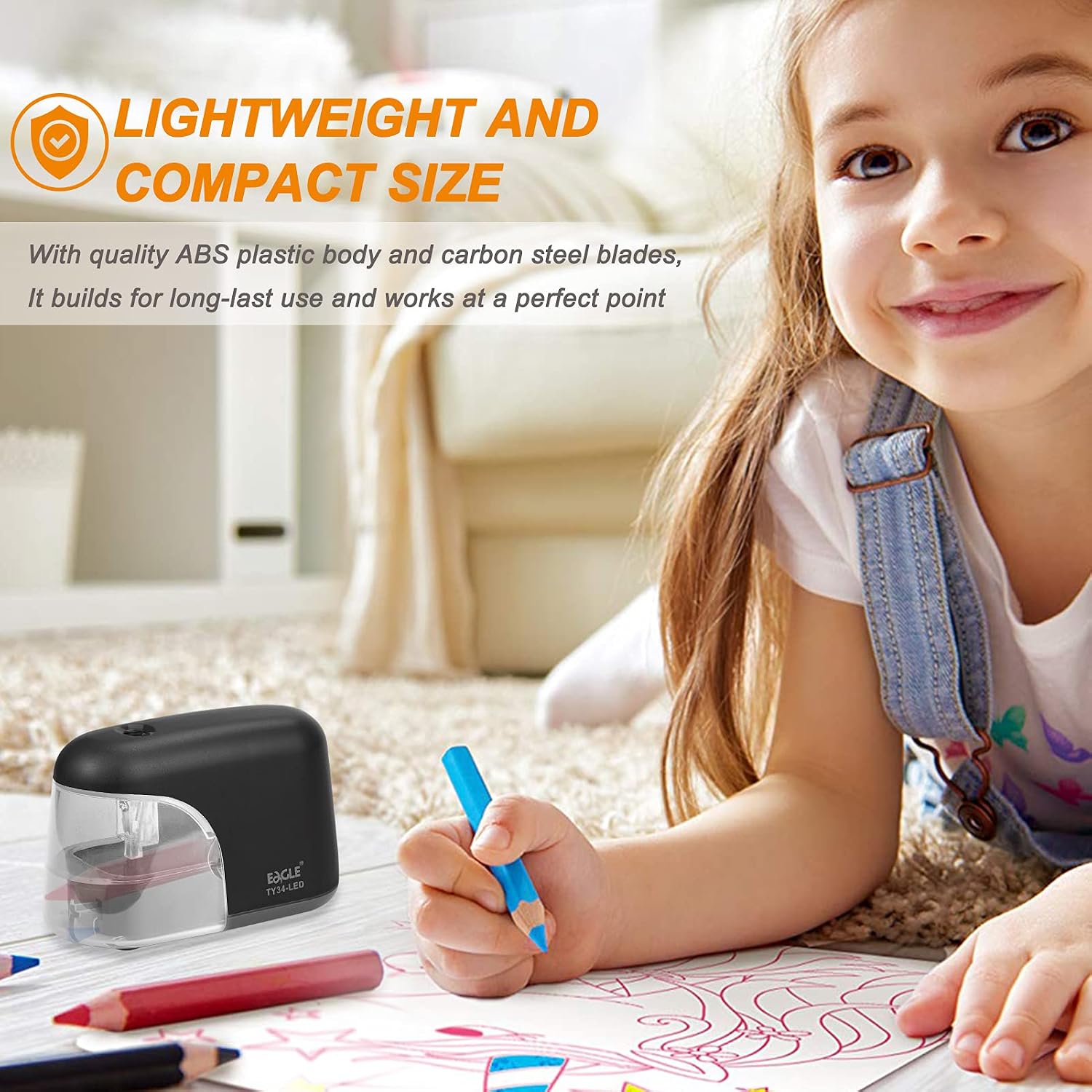 Eagle Electric Pencil Sharpener, Battery Powered Sharpener, LED Light Shinning During Sharpening, Portable, with Reusable and Replaceable Blade, Suitable for Kids, Ideal School Office Supplies (Black)