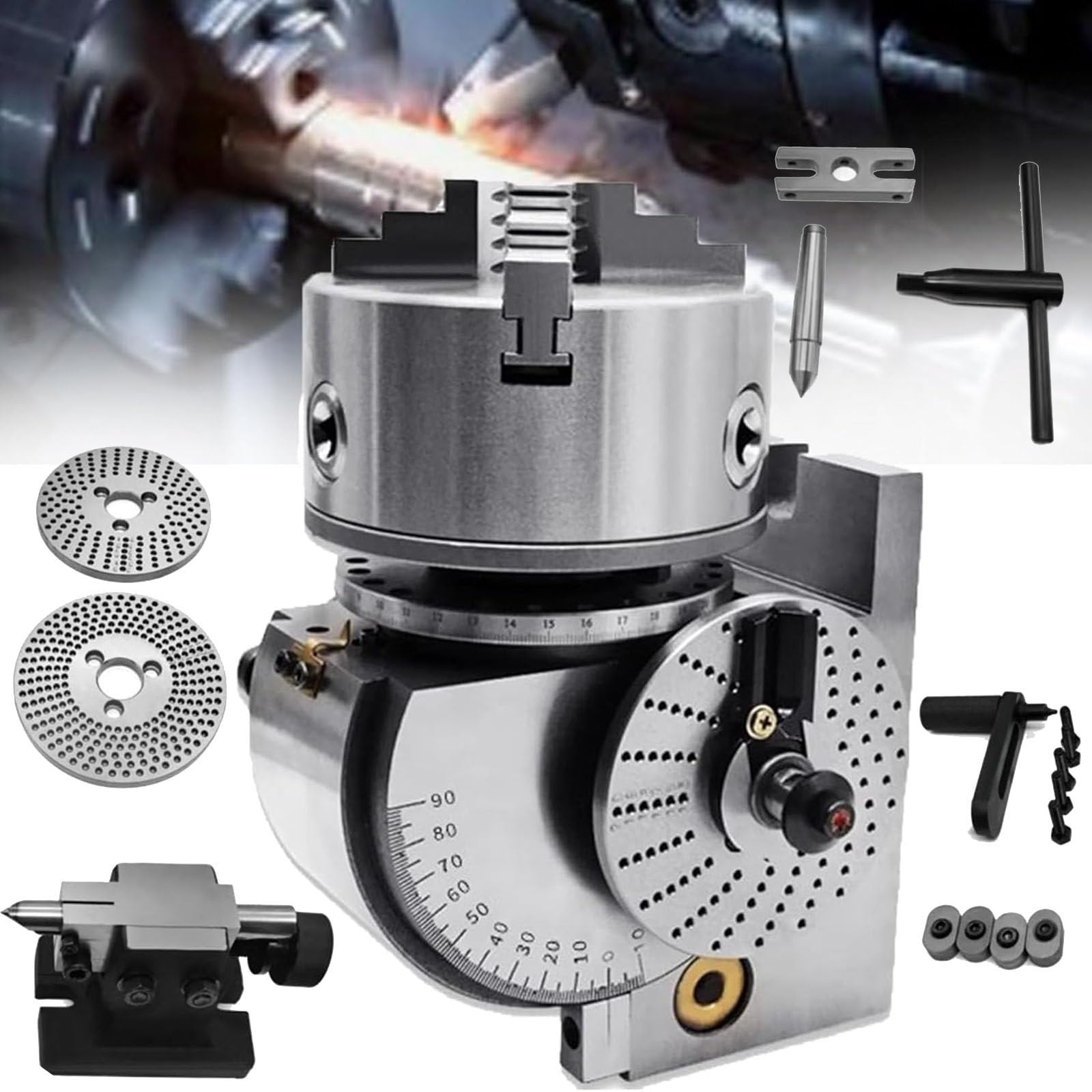 JozyJul Dividing Head Kit, 0-90° Rotary Indexing Head 3Jaw,4/5/6/8in Chuck with Tailstock Dividing Plates CNC Mill for Drilling Milling Grinding, Dividing Head 5in/125mmchuck
