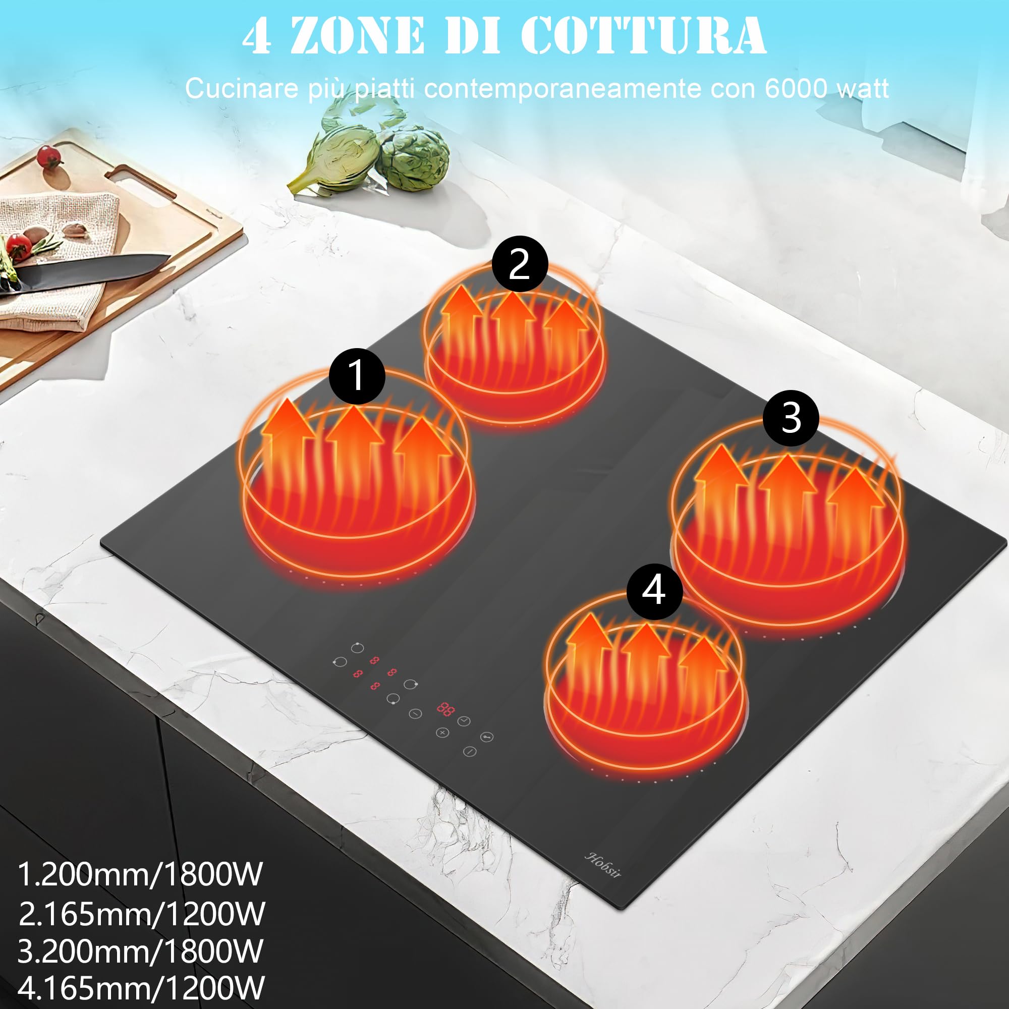 Hobsir Piano Cottura Vetroceramica 4 Fuochi, Piano Cottura Elettrico da incasso 60CM, Piastra Vetroceramica 6000W, 9 Livelli di Potenza, Blocco di Sicurezza, 220V