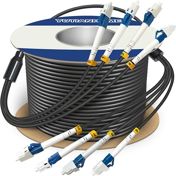 100 Meters 4 Core Industrial TPU LC to LC Outdoor Armored Fiber Optic Cable, 4 Strands OS2 Single Mode Fiber Patch Cable with LC Connectors, 9/125um, OD-5mm, Direct Burial LC-LC