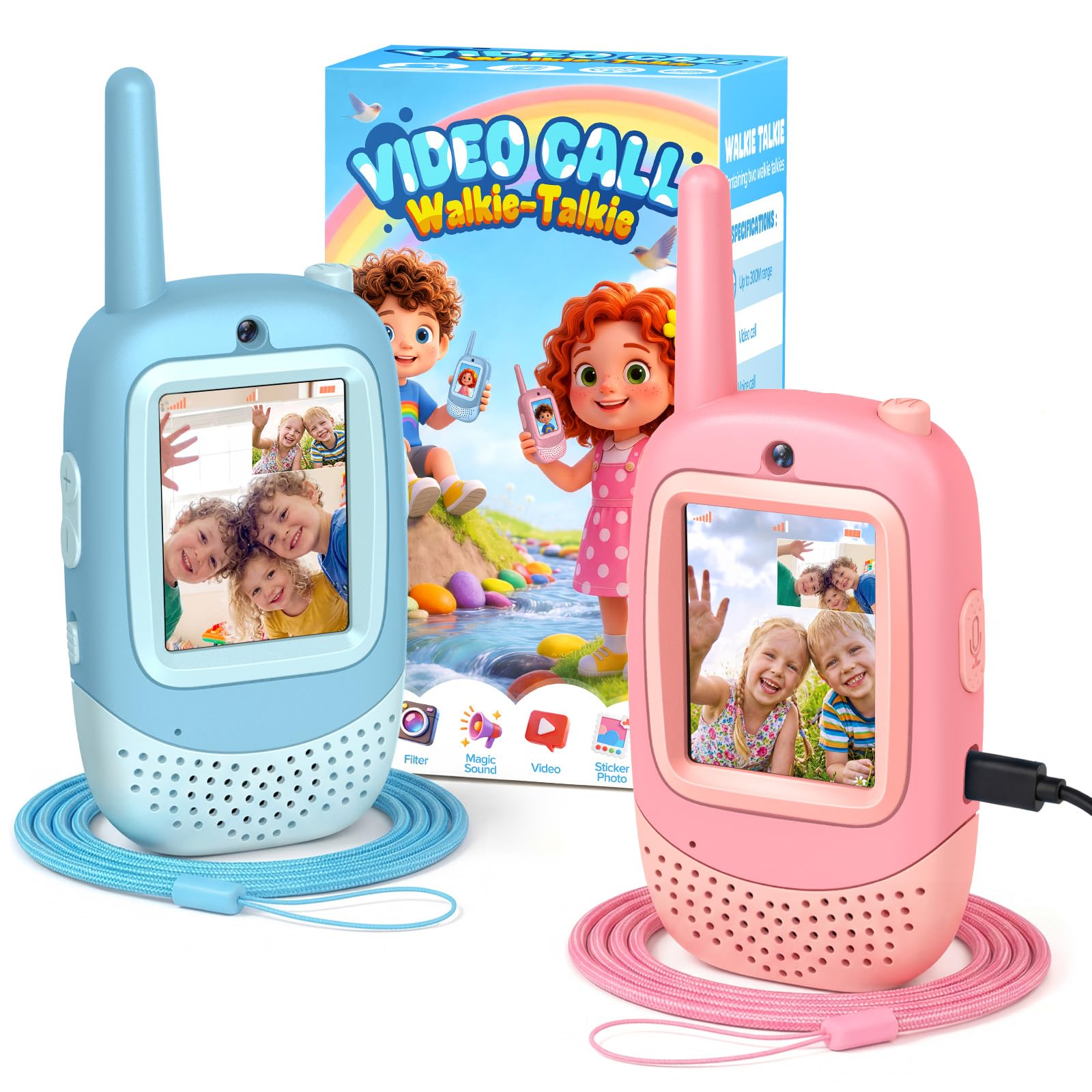 Flooyes Video Walkie Talkies for Kids, 2 Pack Rechargeable Long Range Kids Walkie Talkies with Video Call, Indoor Outdoor Toys for Camping, Travel, Birthday Gifts for Boys Girls Age 3-12(Pink/Blue)