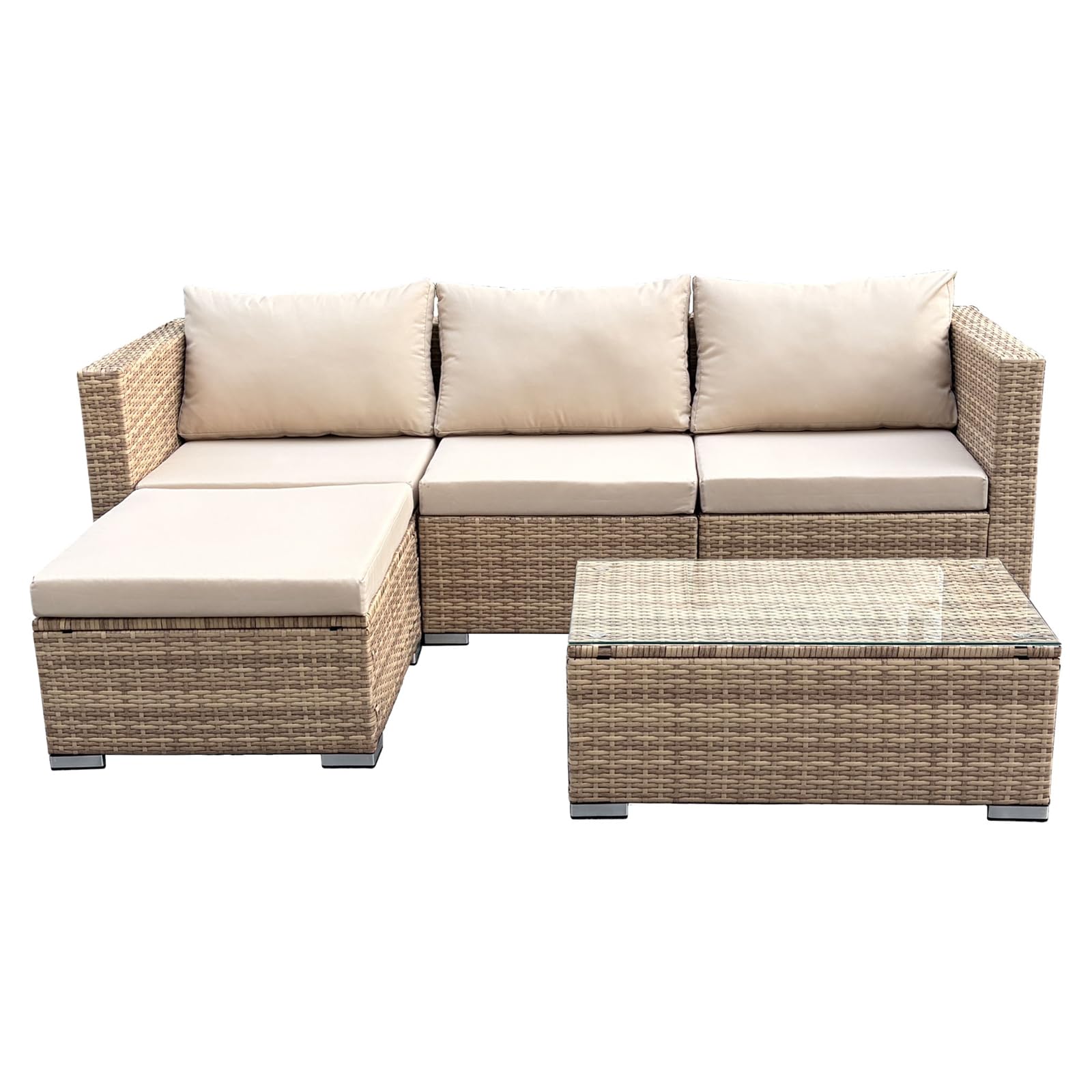 SVITA Queens Gartenlounge 5-teilig Polyrattan Lounge Set wetterfest Garten Terrasse Balkon inkl. Kissen Glas Tisch Beige