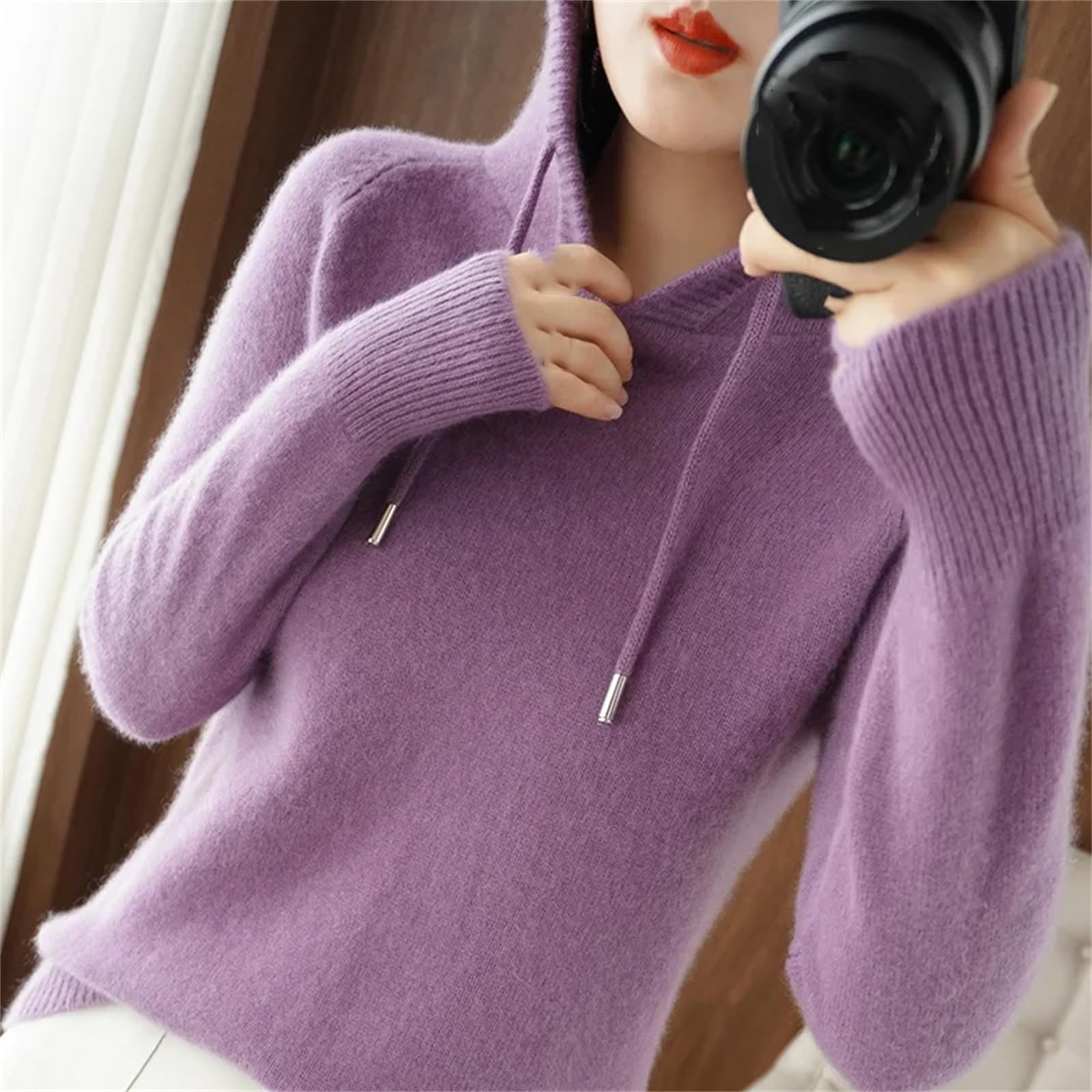 Yeuyyben Maglione da donna in lana merino capispalla con cappuccio colletto pullover invernale fondello maglieria casual caldo morbido top arancione, Arancione, XL