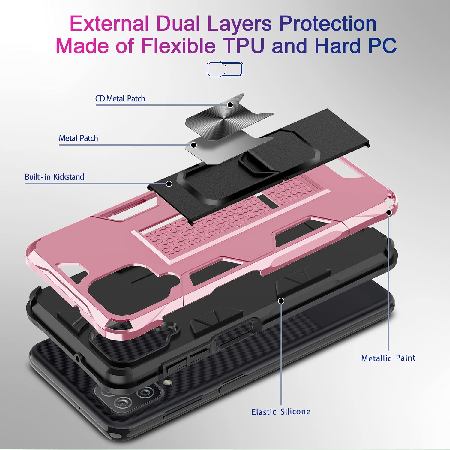 LeYi A12 Case, Samsung Galaxy A12 Case with [2 Pack] Tempered Glass Screen Protector for Women Men, Military-Grade Shockproof Built-in Kickstand Car Mount Protective Phone Case for A12 5G, Rose Gold