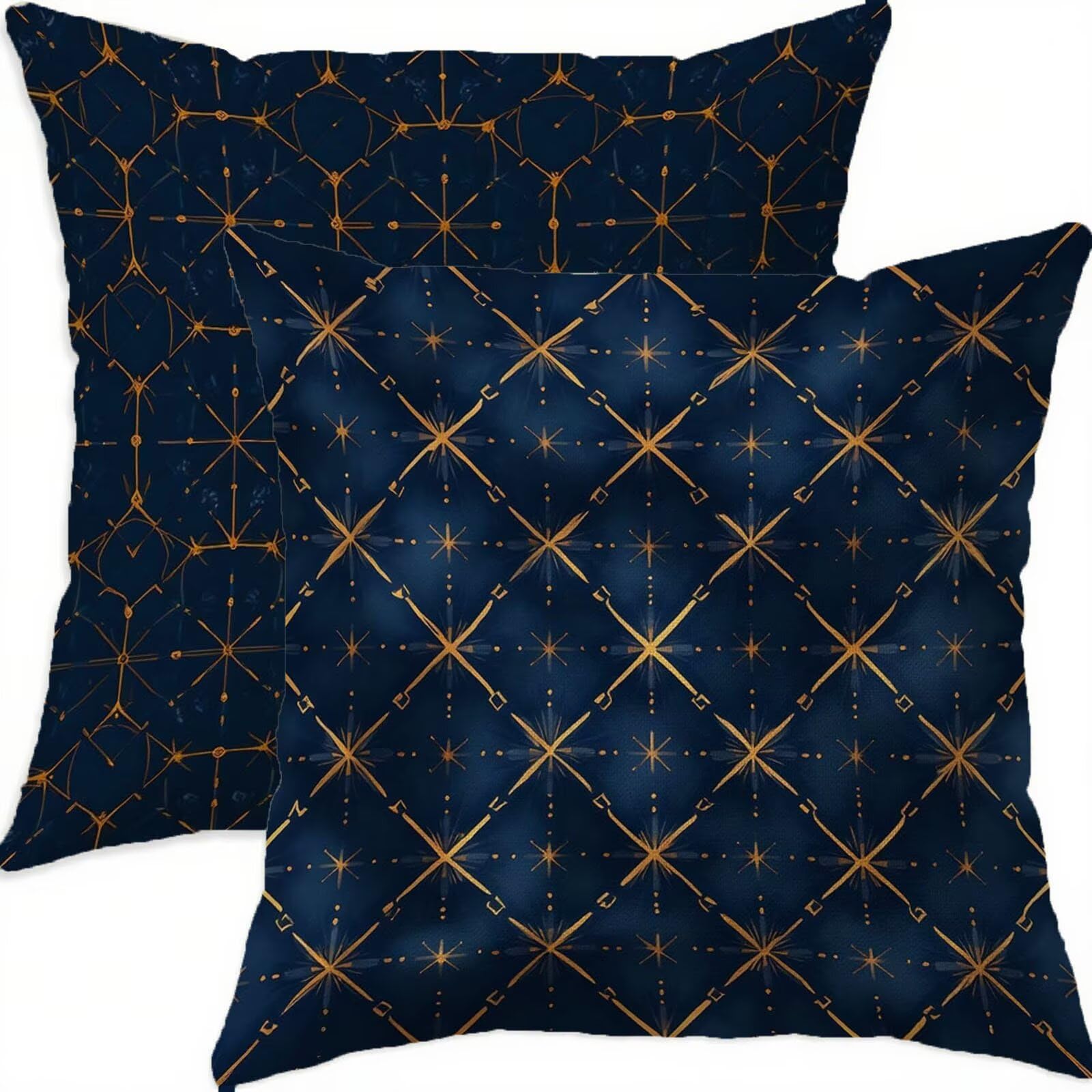 Housse coussin 60x60cm bleu motif géométrique lot de 2 en lin imperméable