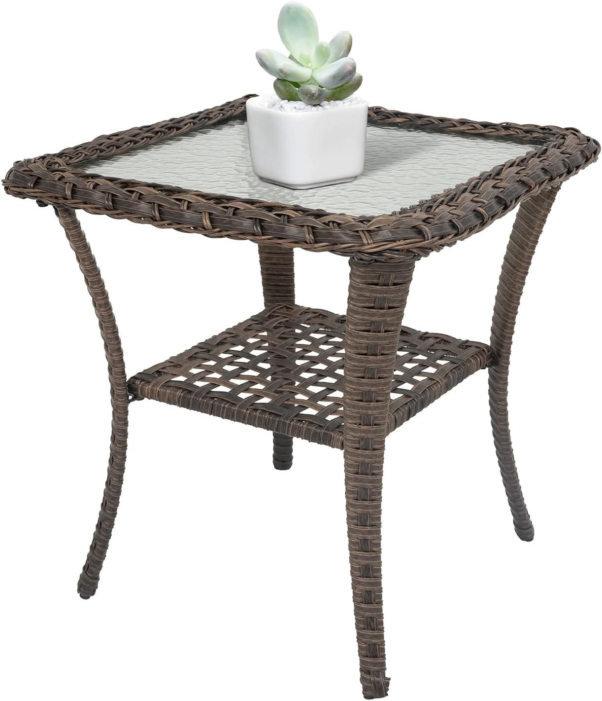 Belord Handwoven Wicker Side Table - 20 Inch Small Outdoor Table 2 Tier Storage with Tempered Glass Top, All Weather Outdoor Patio End Tables for Deck Balcony Outside Gray
