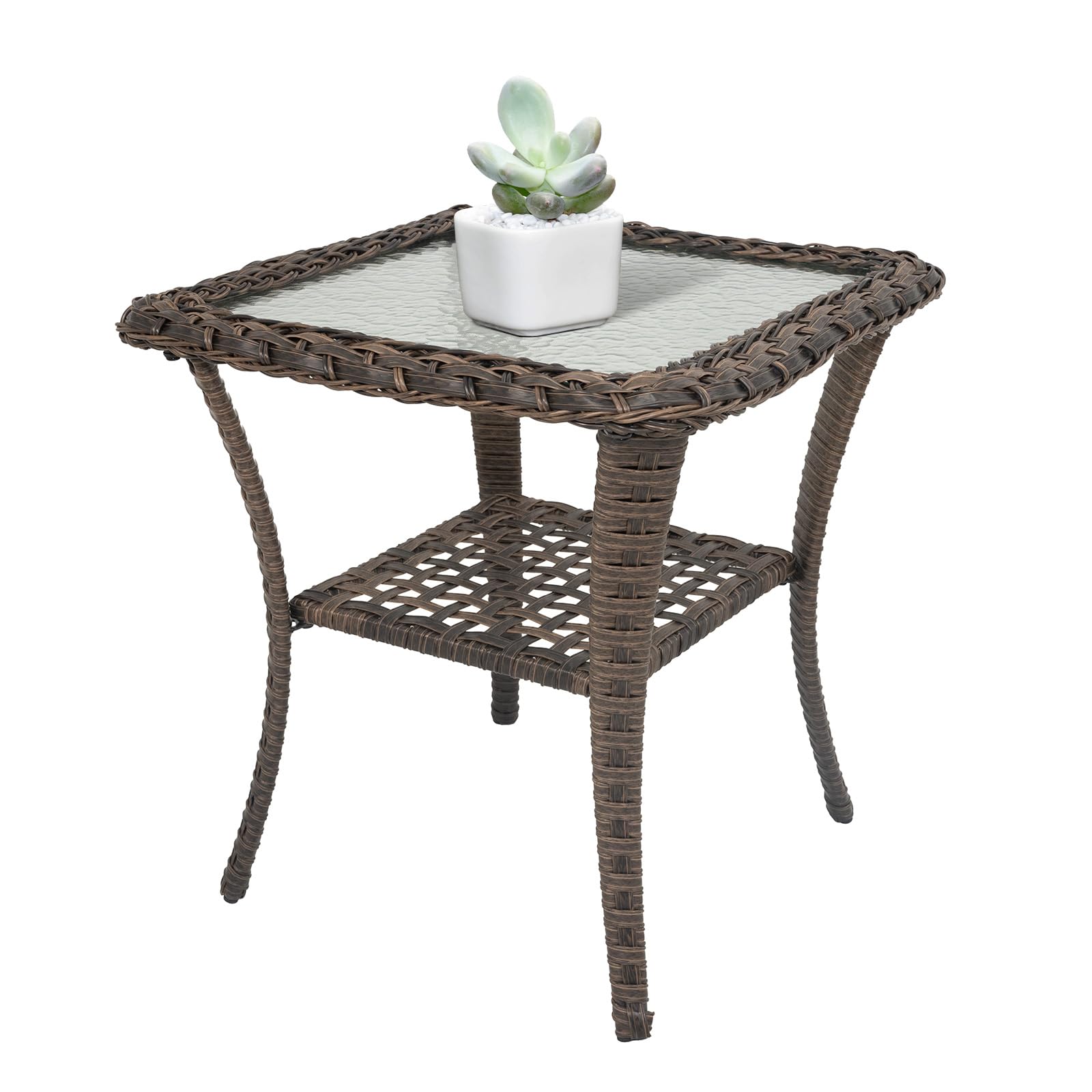 Belord Handwoven Wicker Side Table - 20 Inch Small Outdoor Table 2 Tier Storage with Tempered Glass Top, All Weather Outdoor Patio End Tables for Deck