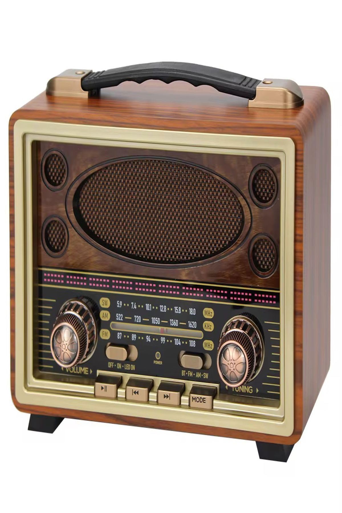 Ultratekno M-2027BT Gerçek Ahşap Eskitme Kaplama Radyo Fm Am Sw USB Tf Aux Destekli Bluetooth Hoparlör, Kahverengi