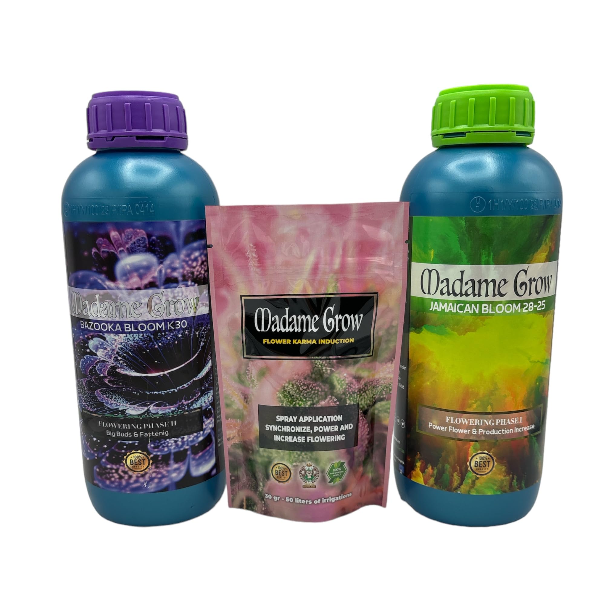 MADAME GROW/Kit Bloom Complet - "COGOLLOS GIGANTES" / Fertilizantes Floración para Marihuana o Cannabis/Cosecha abundante/Mejor Sabor (2X1 L + 30 gr)