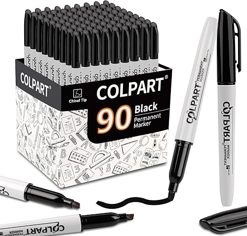 Rotuladores permanentes negros con punta de cincel, 90 unidades, impermeables, resistentes a la decoloración, secado rápido, color negro, trabajo