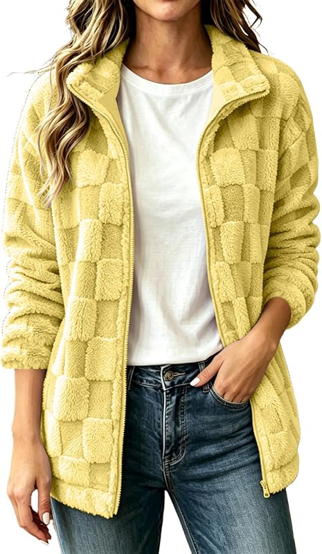 Women's Fuzzy Fleece Jacket, Loose Stand Collar Zip Front Coat