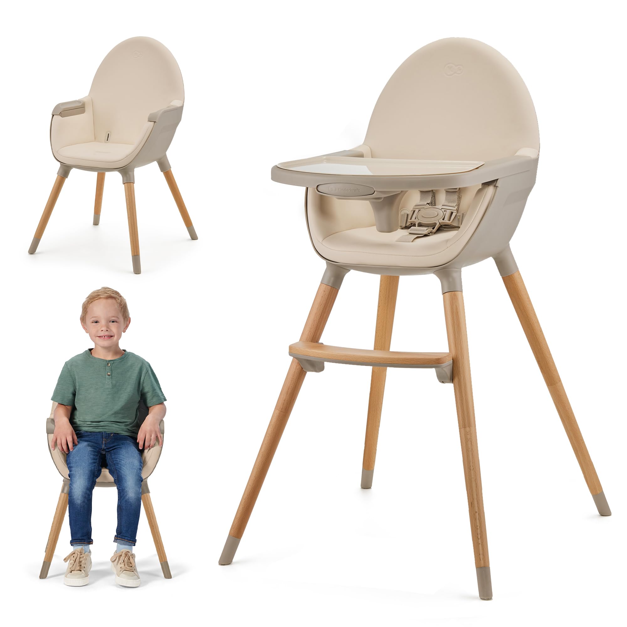 Kinderkraft FINI 2 Chaise Haute Bébé 2 en 1 Évolutive Réglable Avec Plateau 20kg Beige