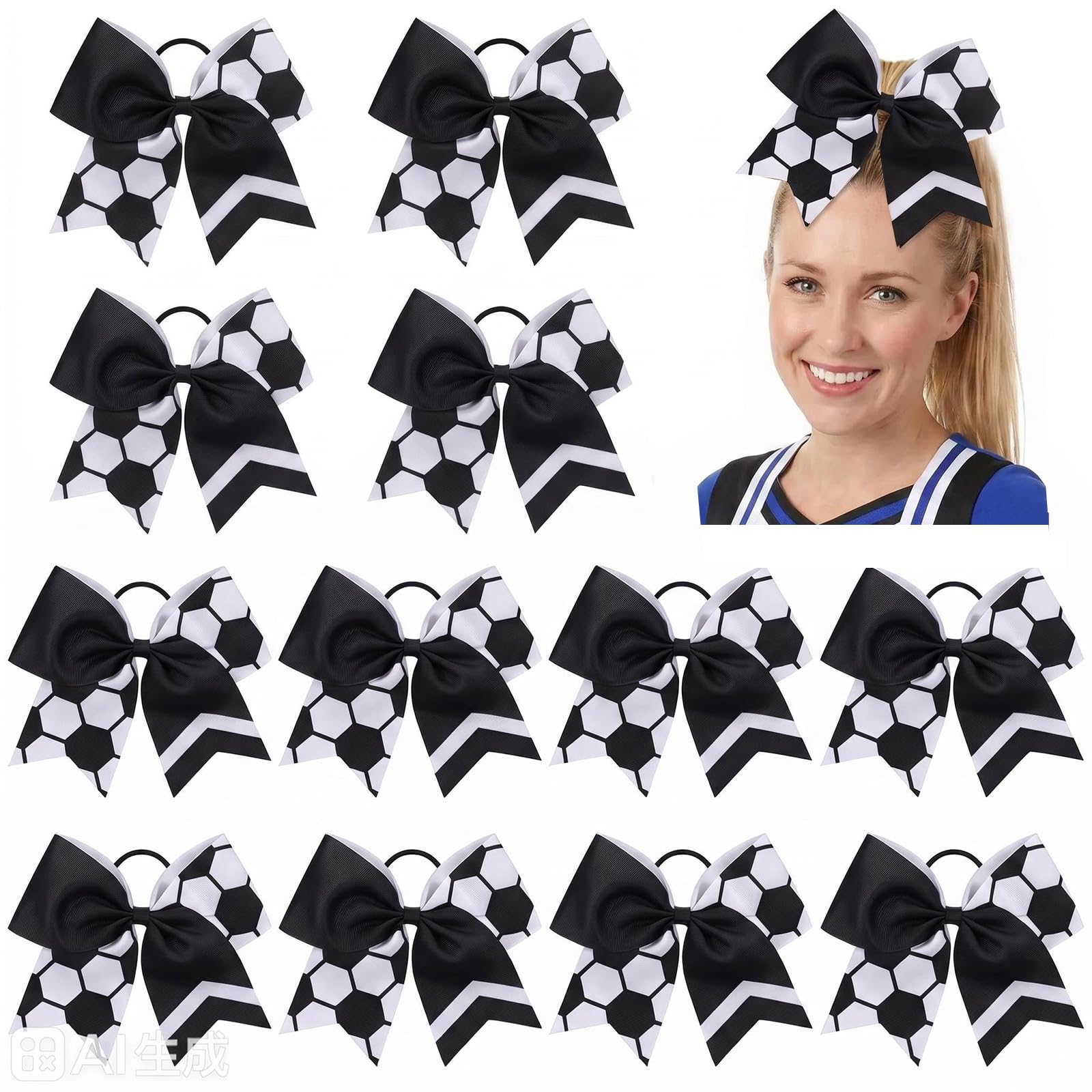 View 1 of 12 PCS Soccer Cheer Bows for Girls, 8" Large Hair Bows Cheerleading Bows Bulk Elastic Band Ponytail Holder Soccer Hair Accessories for Teen Girls Soccer Team (Black)