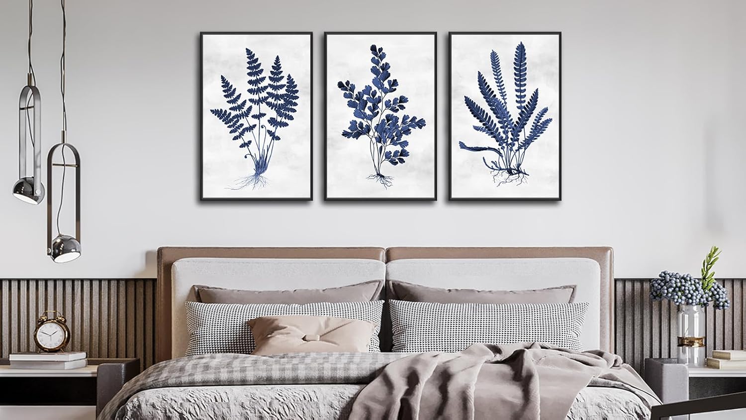 Large Framed Botanical Wall Art - Navy Blue Leaf Wall Decor 16"x24" Set of 3 Minimalist Wall Art Prints Vintage Plant Painting Rustic Fern Canvas Pictures for Living Room Bedroom Office Artwork