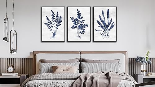 Miniatura 7 de Arte de pared botánico enmarcado grande – Decoración de pared de hoja azul marino de 16 x 24 pulgadas, juego de 3 impresiones artísticas Azul
