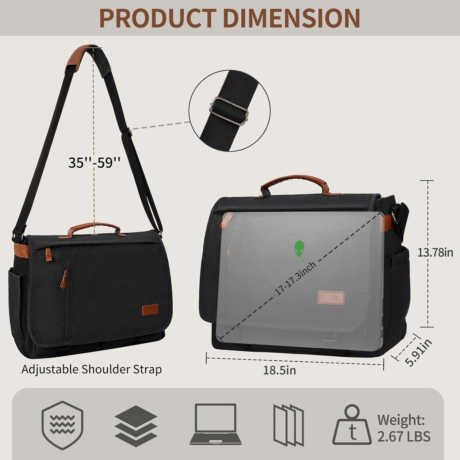 ESTARER Messenger Bag 17.3 Inch, Mens Computer Bag for Teacher/College/Work/Travel, Water-resistant Canvas Laptop Bag Satchel Briefcase, Dark Grey - Image 4