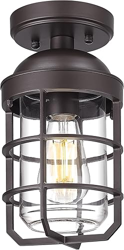 Miniatura 9 de Emliviar Lámpara de techo estilo granja, luz semiempotrada vintage para interior, luz de seguridad con vidrio templado transparente, acabado de