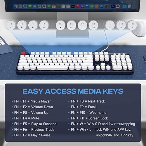 Miniatura 4 de MOFII Teclado de computadora con cable, USB Plug Play Tecla Redonda Teclado Retro Máquina de Escribir, Teclado de Oficina de Tamaño Completo con