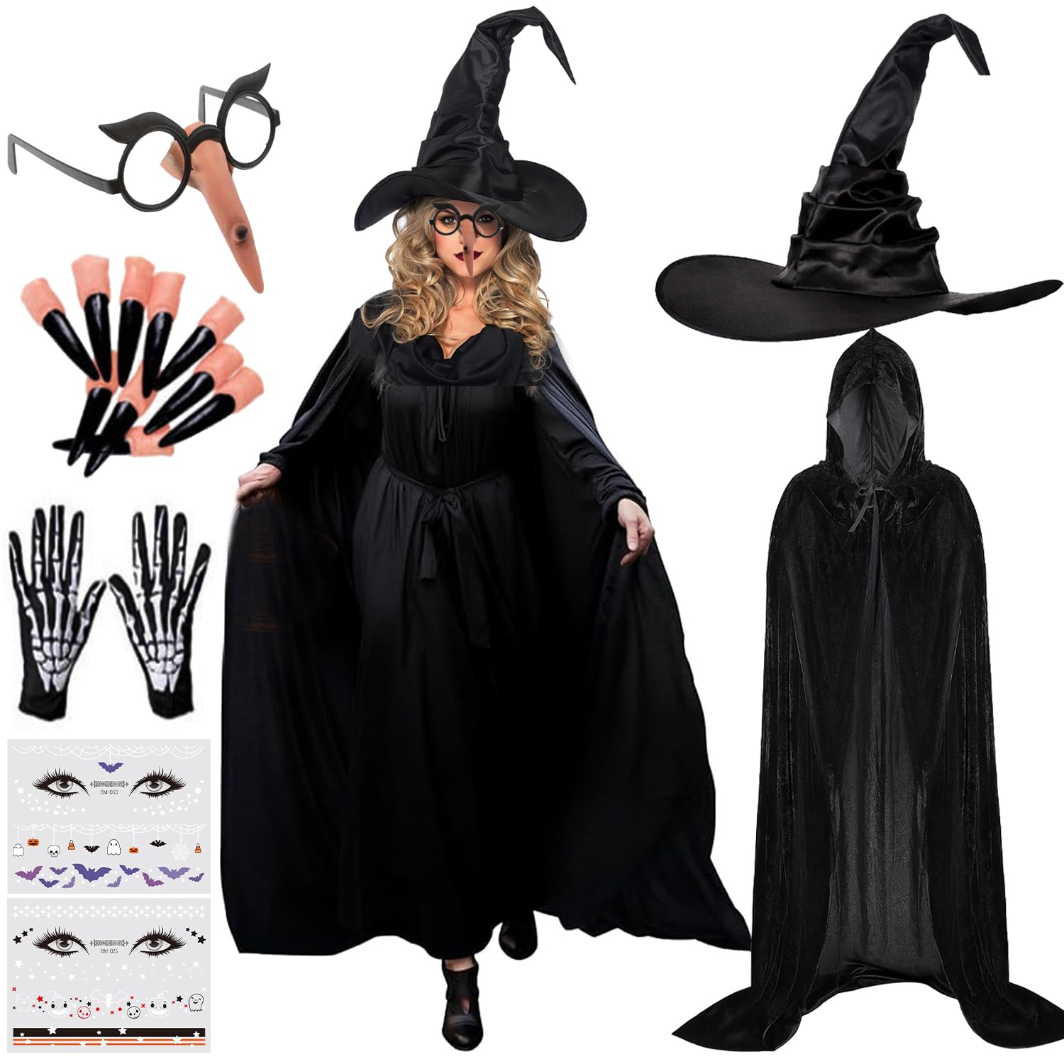 Yi'antai Deguisement Sorciere Femme, Deguisement Halloween Femme, Cape Sorcière Costume, Costume Sorciere Avec Chapeau Sorciere, Cape Noire Avec Gants En Dentelle, Masque Pour Les Yeux