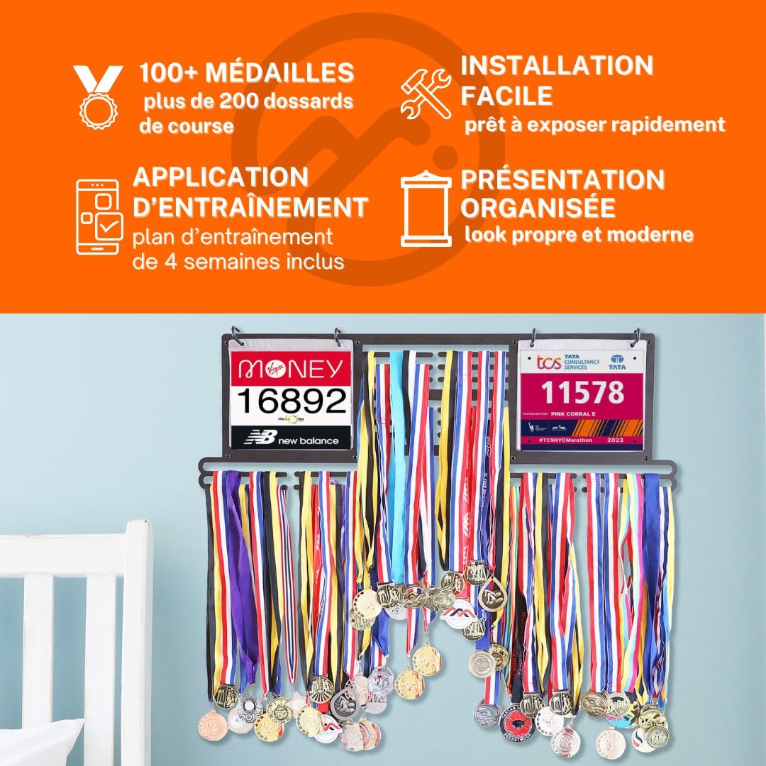 Support dossards & médailles avec app Run et Plan 4 semaines – Présentoir Mural pour 100+ médailles et 200+ dossards – Porte-médailles pour Coureurs