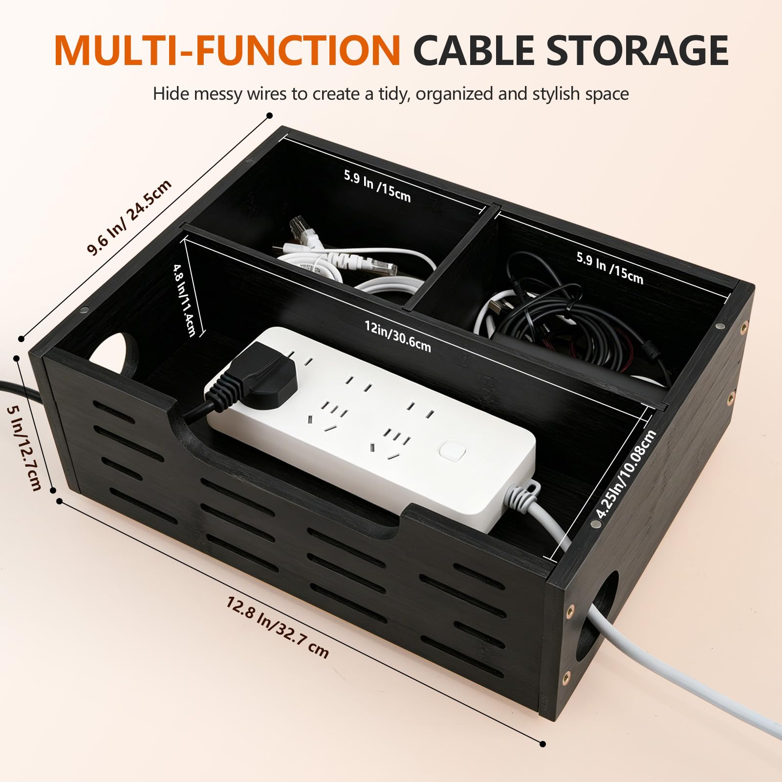Scatola per la gestione dei cavi in legno nero, grande scatola organizer per cavi di prolunga per prese elettriche a pavimento, nascondicavo resistente per casa, ufficio, sotto la scrivania, cavi TV a