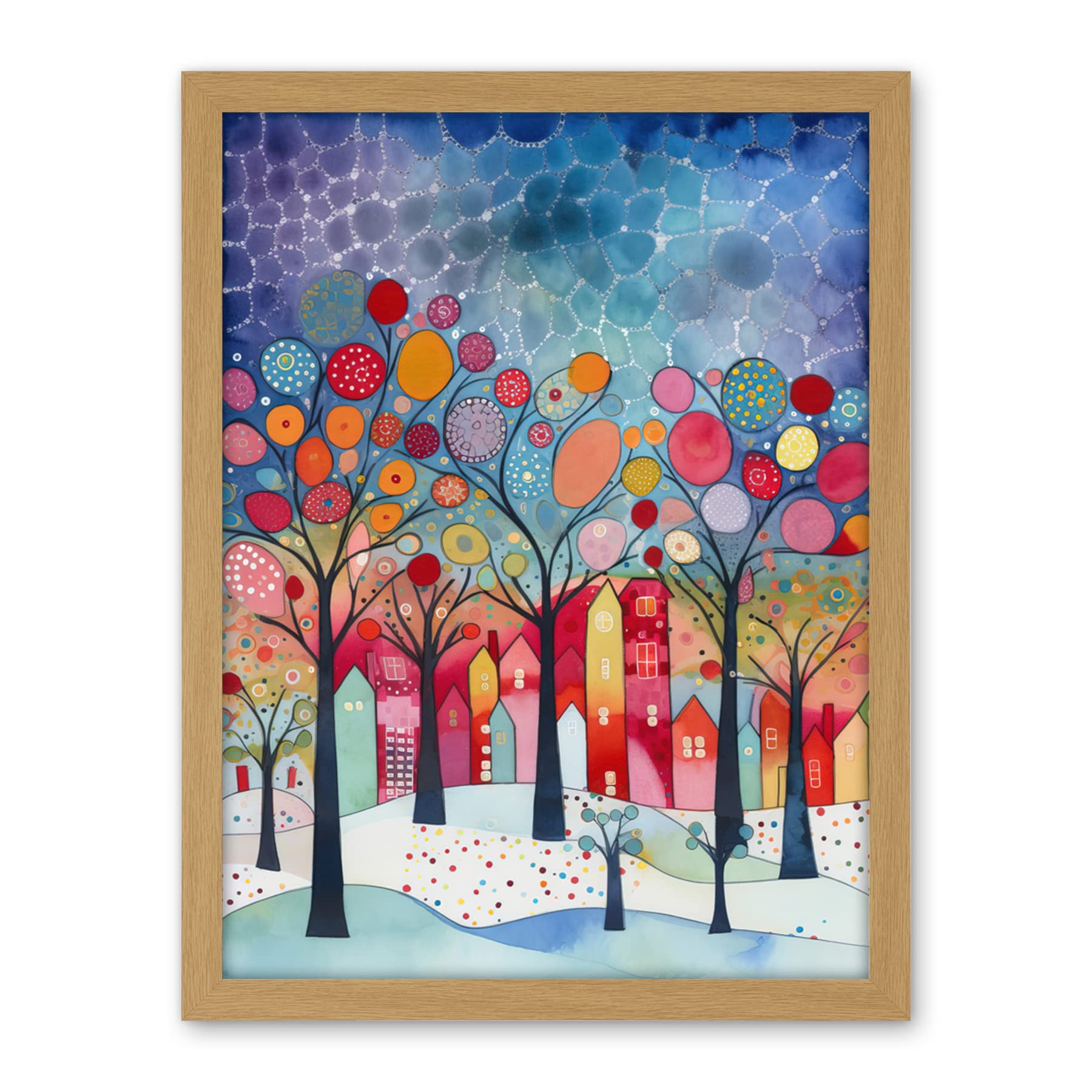 Artery8 Winter Abstract Village Folk Art Artwork Framed Wall Art Print 18X24 Inch