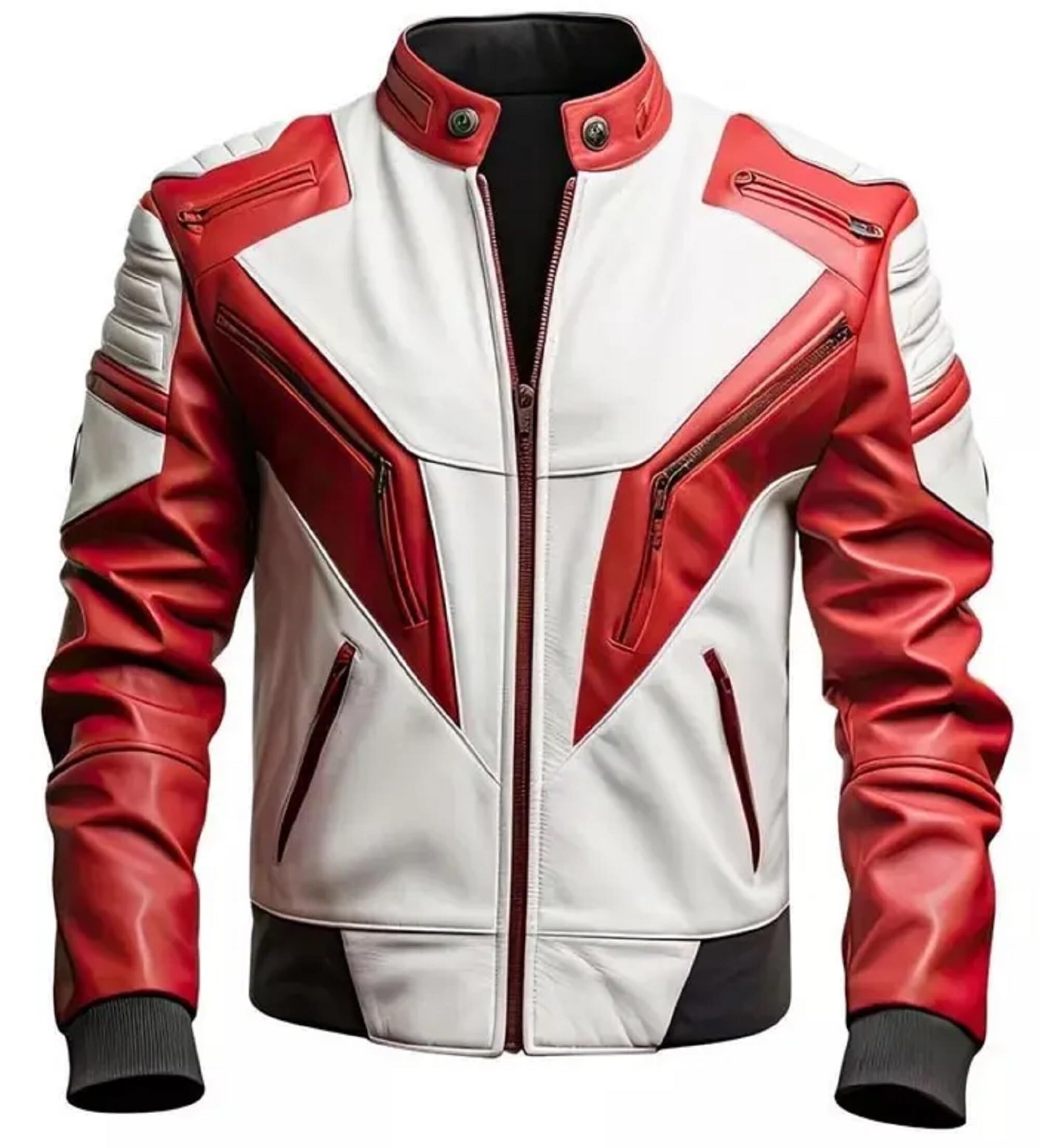 Chaqueta de cuero prémium para hombre, abrigo de motociclista rojo y blanco