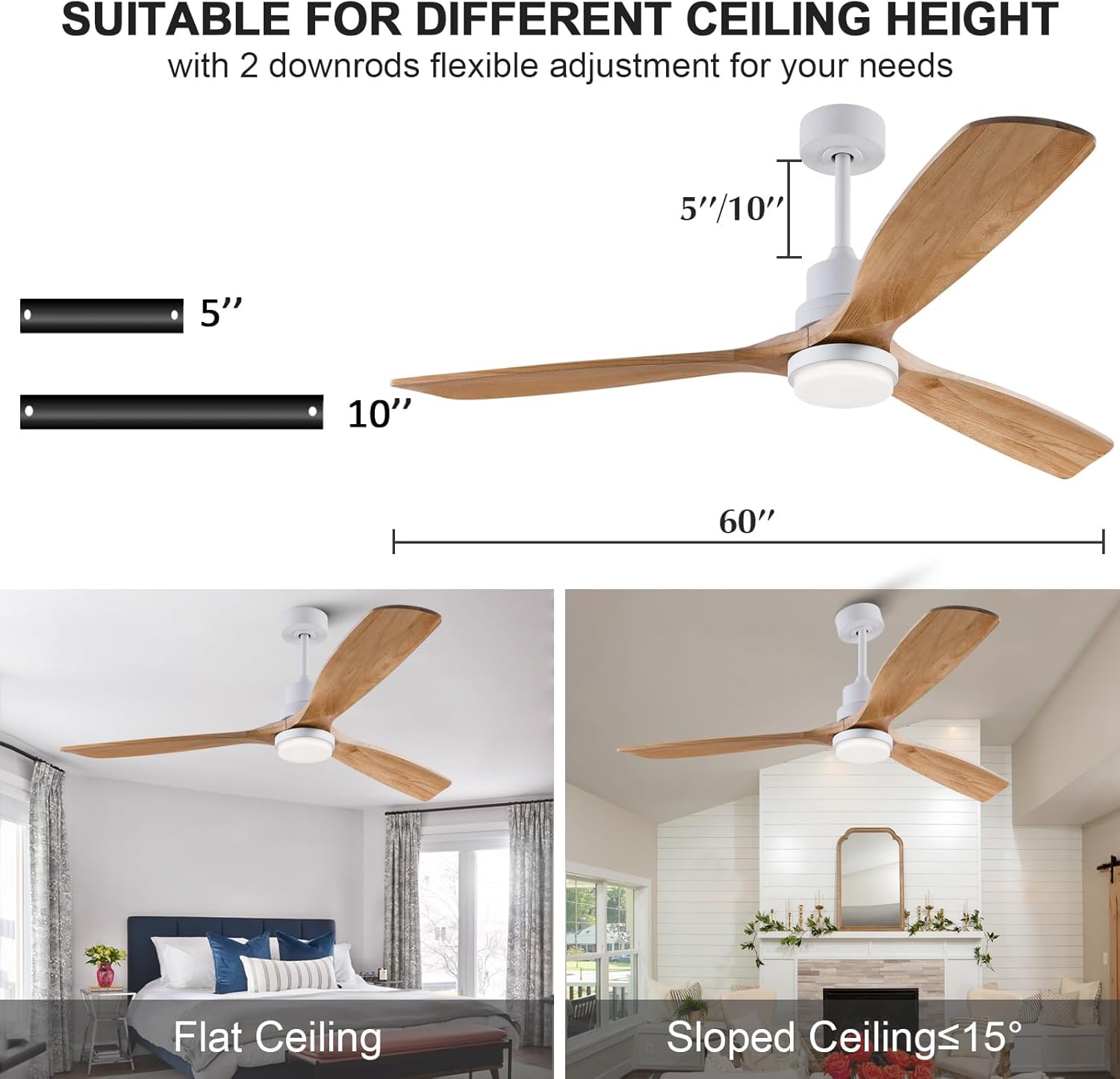 BOOMJOY Dimmable 60 Inch Large Outdoor Ceiling Fans with Lights and Remote, 3 Blade Wood Big Outdoor Ceiling Fans for Patios, White Natural Wood Bedroom Ceiling Fan with Light, DC Motor