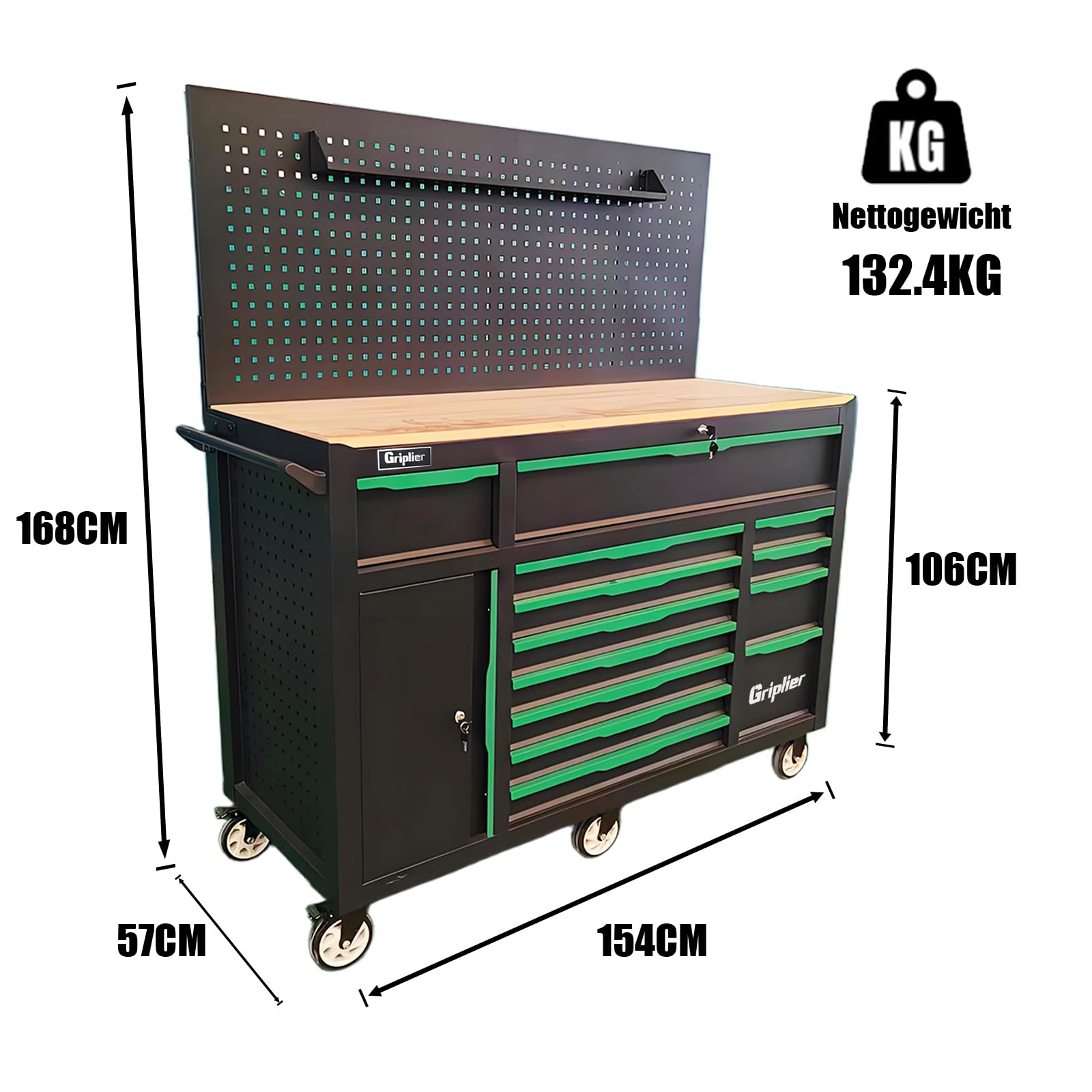 Professioneller Werkstattwagen mit Werkzeug 348 Teile. Holzarbeitsplatte, 13 Schubladen, Werkzeugbrett (Pegboard), Schwarz-Grün, Rollbar