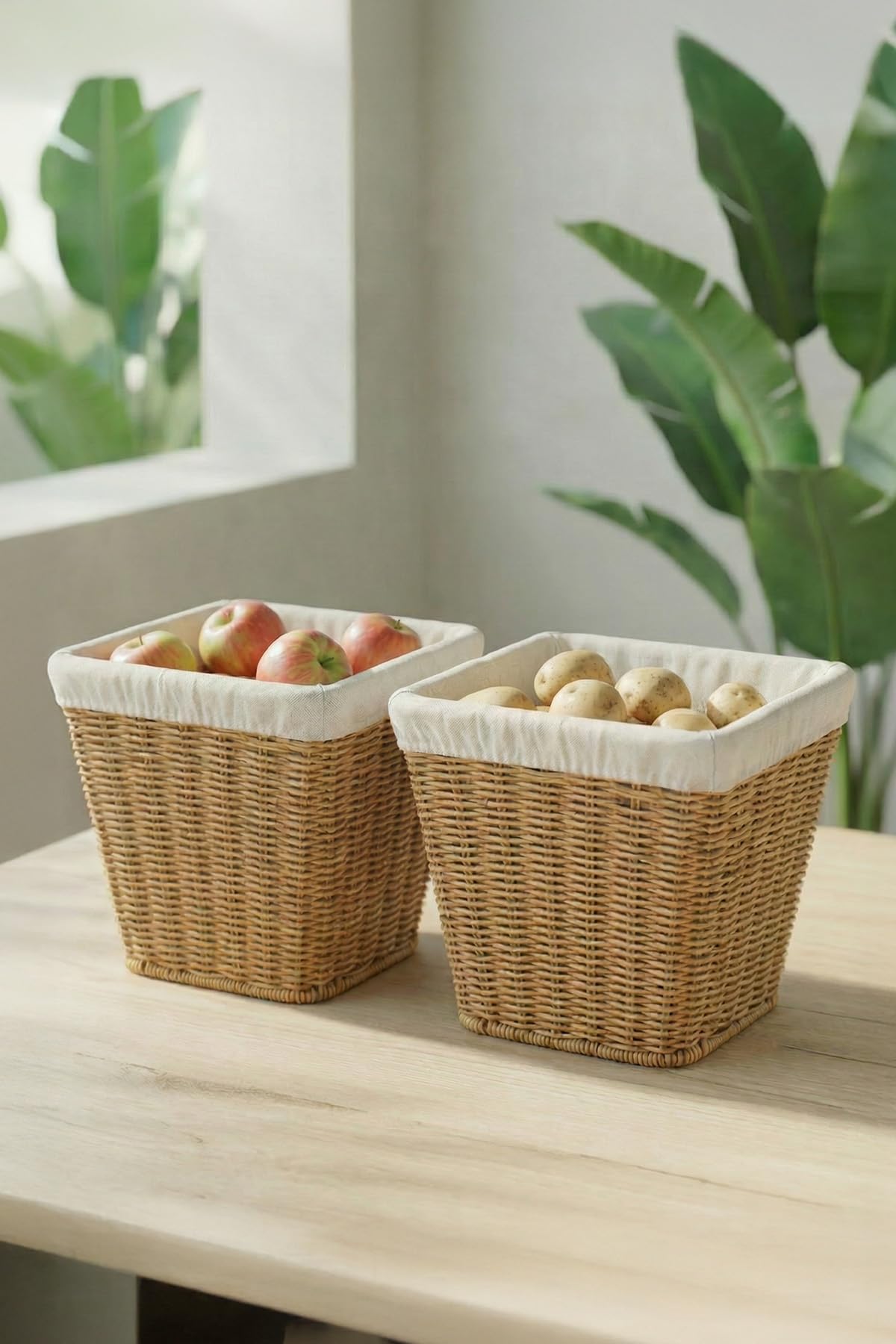 Digithome 2'li Kare Rattan Hasır Patates Soğan Sarımsak Meyve Sepeti Düzenleyici Organizer -9T01