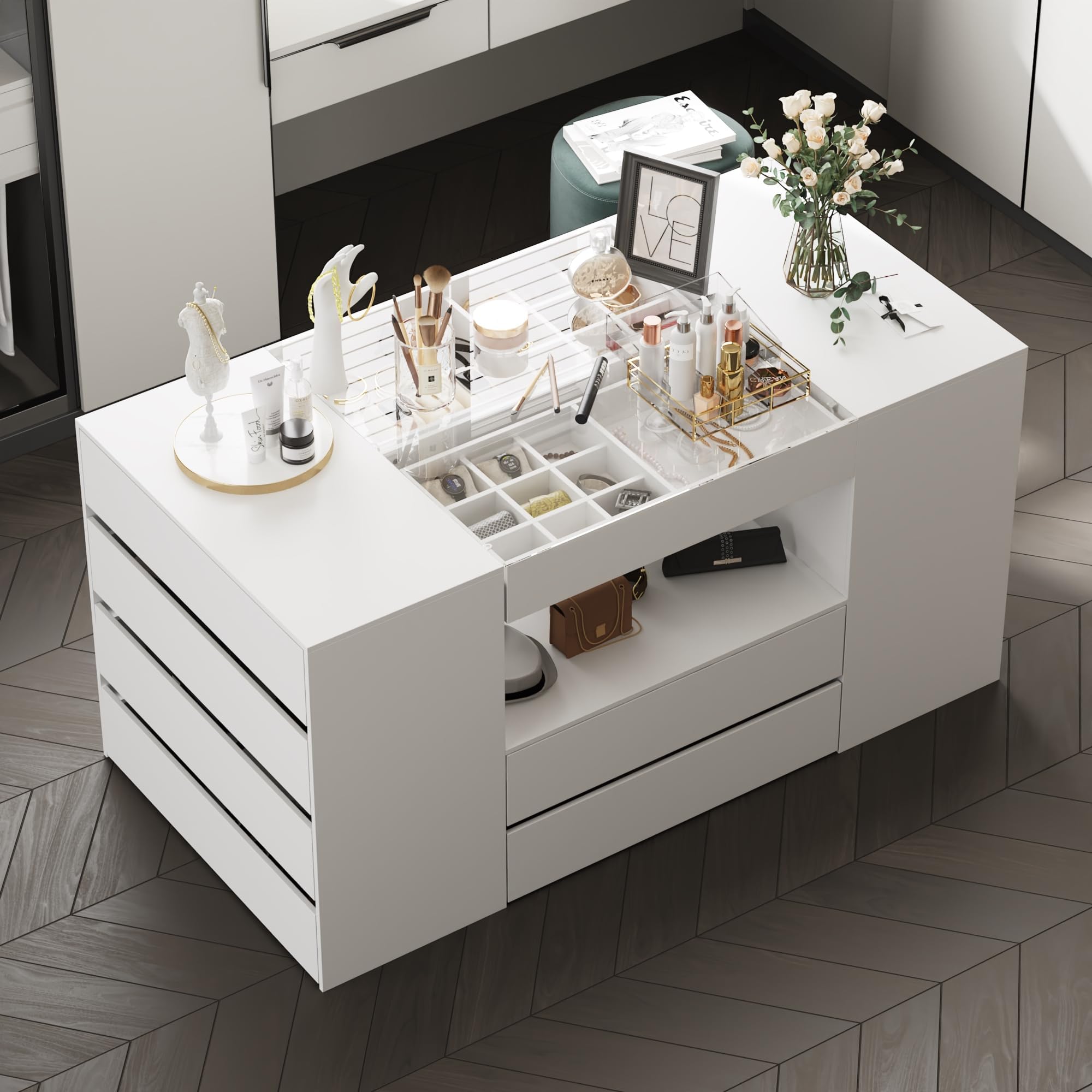 Homsee Armoire Bedroom Island with Glass Tabletop & Display Shelf, Wardrobe Closet with 14 Drawers, Walk-in Closet Island Dresser for Bedroom Shops, White