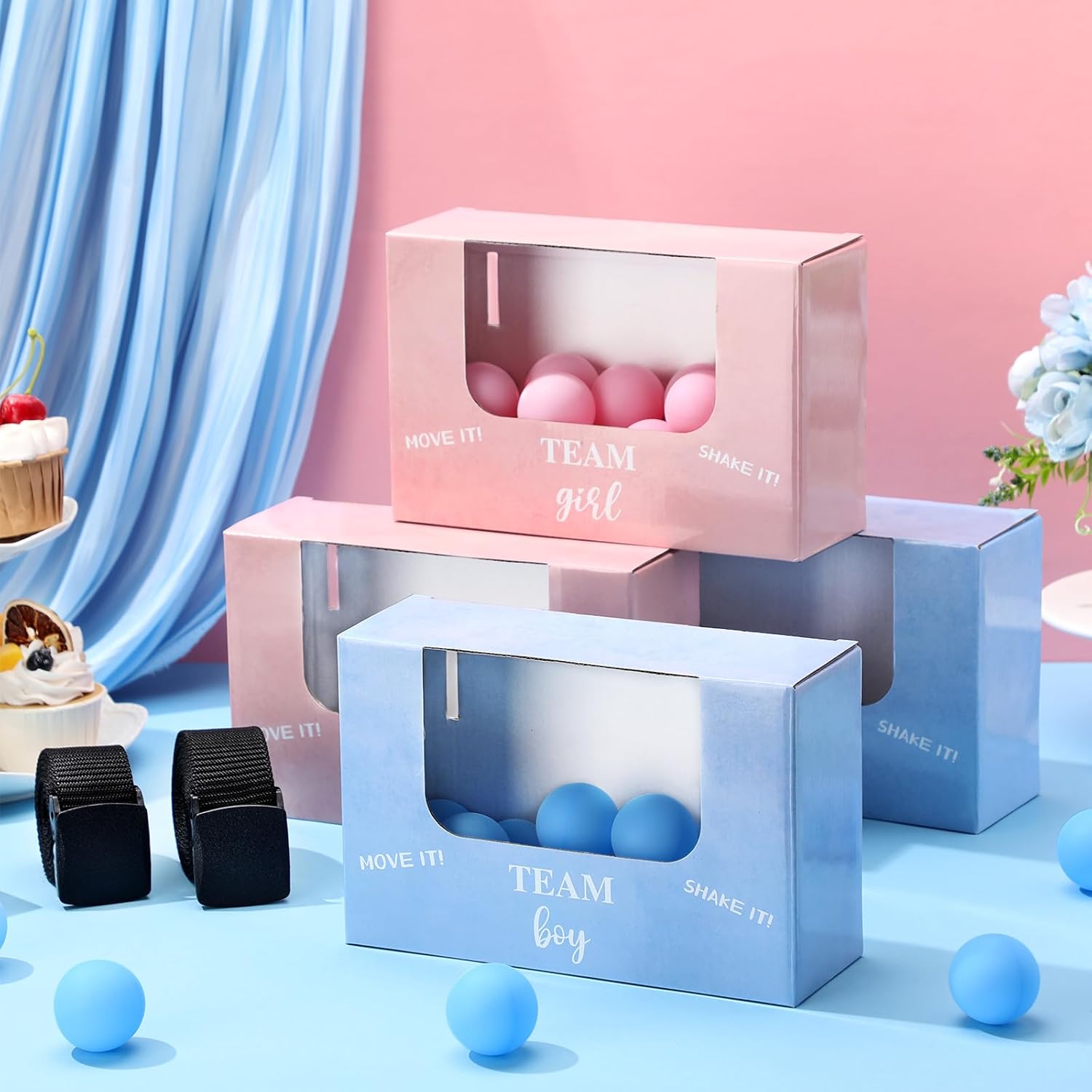 4 sets baby shower swing shaking balls game set novelty twerk game includes 40 balls, ribbon & cardboard boxes bridal shower games for outdoors indoors(gneder reveal,blue, pink) gneder reveal blue, pink